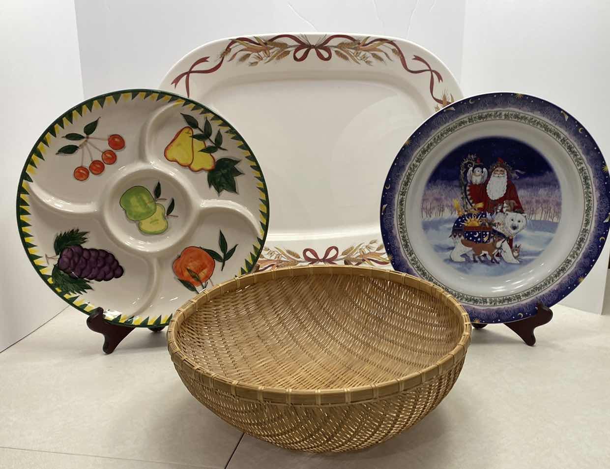 Photo 1 of 2 CERAMIC ROUND PLATTERS AND PLASTIC PLATTER BASKET