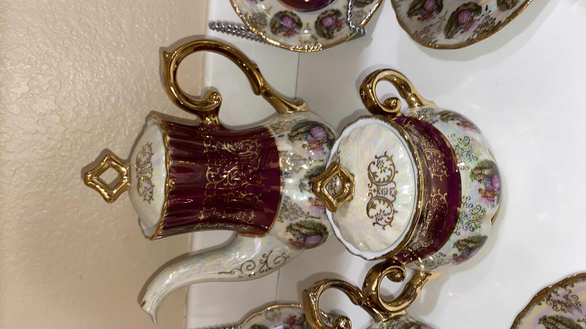 Photo 1 of GOLD RIMMED CHINA TEA SERVICE FOR 6 WITH TEA POT SAUCERS CUPS MILK AND SUGAR MADE IN JAPAN