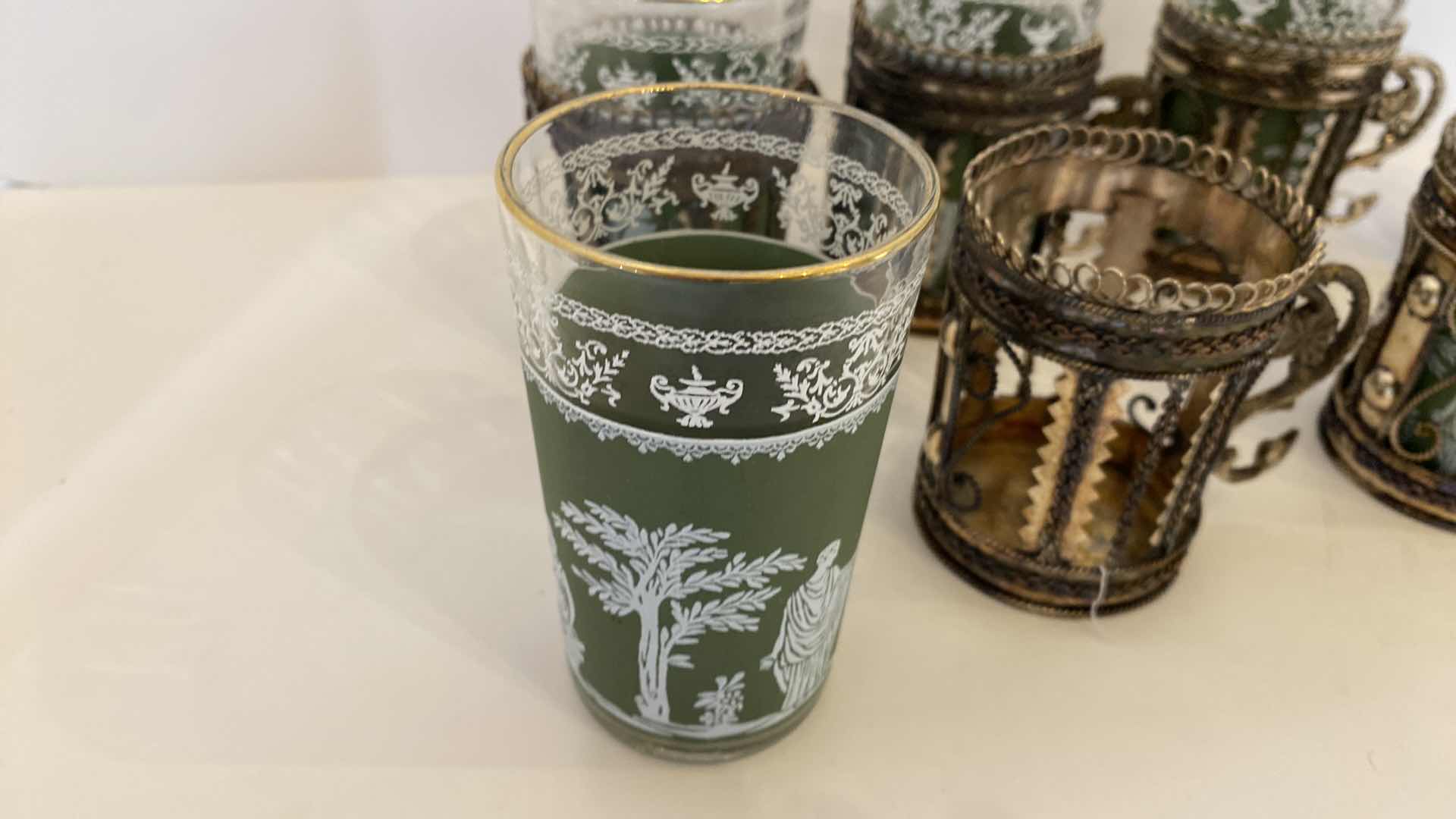 Photo 1 of VINTAGE SET OF 6 GOLD GREEK RIMMED GLASS CUPS H 4”