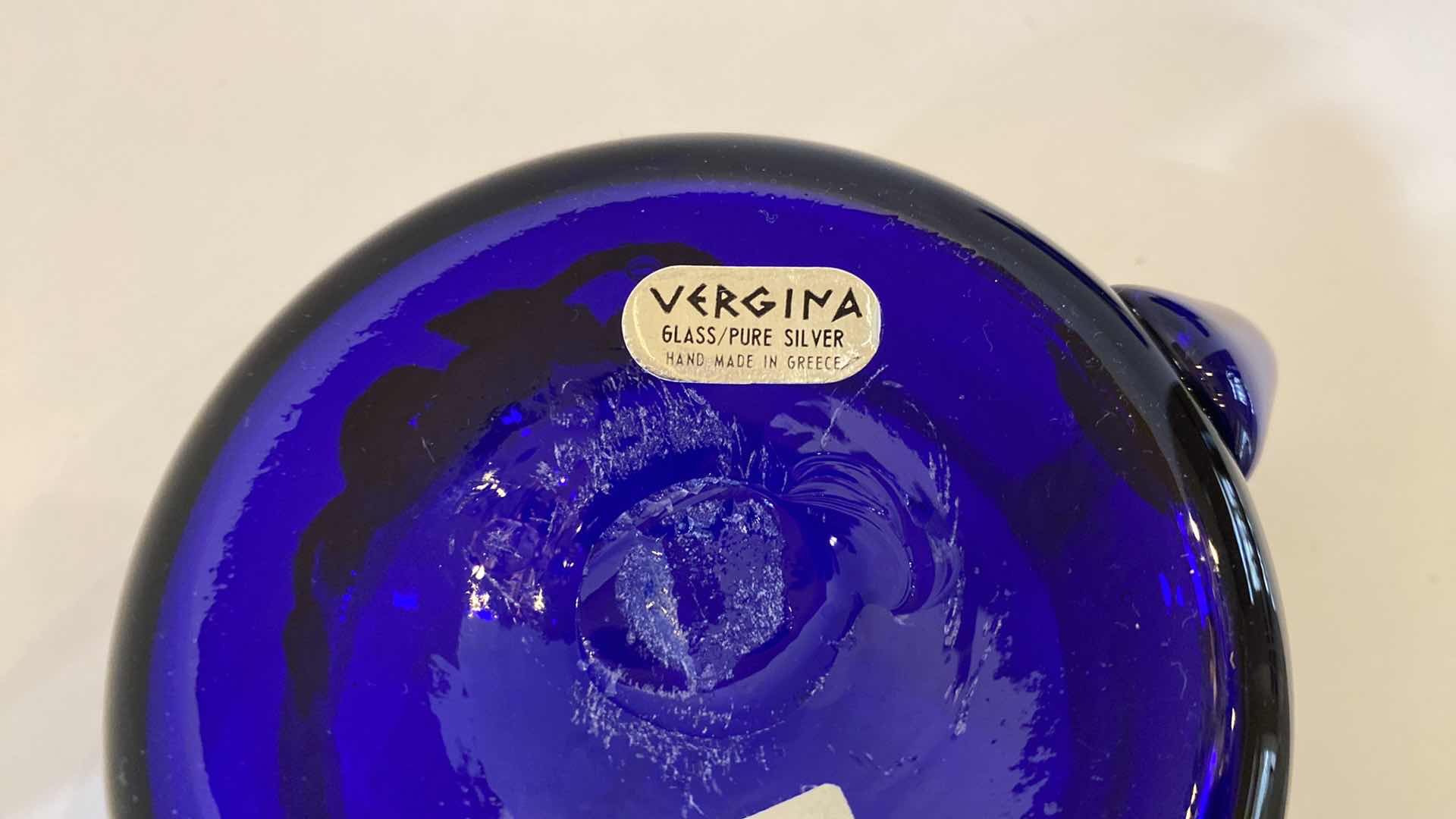 Photo 1 of BADASH BLUE CRYSTAL BOWL 5 1/2” x 3 1/2” AND BLUE GLASS PITCHER WITH SILVER EMBELLISHMENT