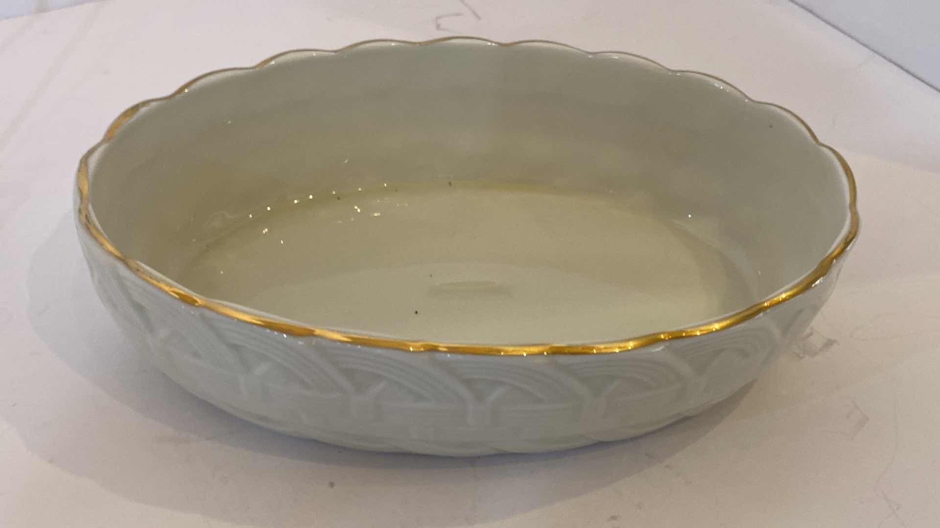 Photo 1 of PAIR OF GOLD RIMMED PORCELAIN FAN 9 1/2” x 6 1/2” AND BOWL 8”