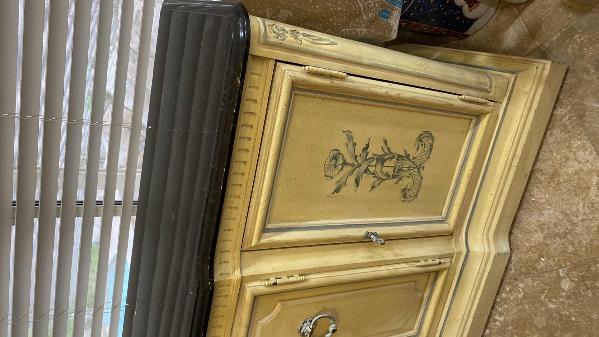 Photo 1 of SIDEBOARD WITH BLACK STONE TOP AND FLIRAL DESIGN 43“ x 19“ H 29”