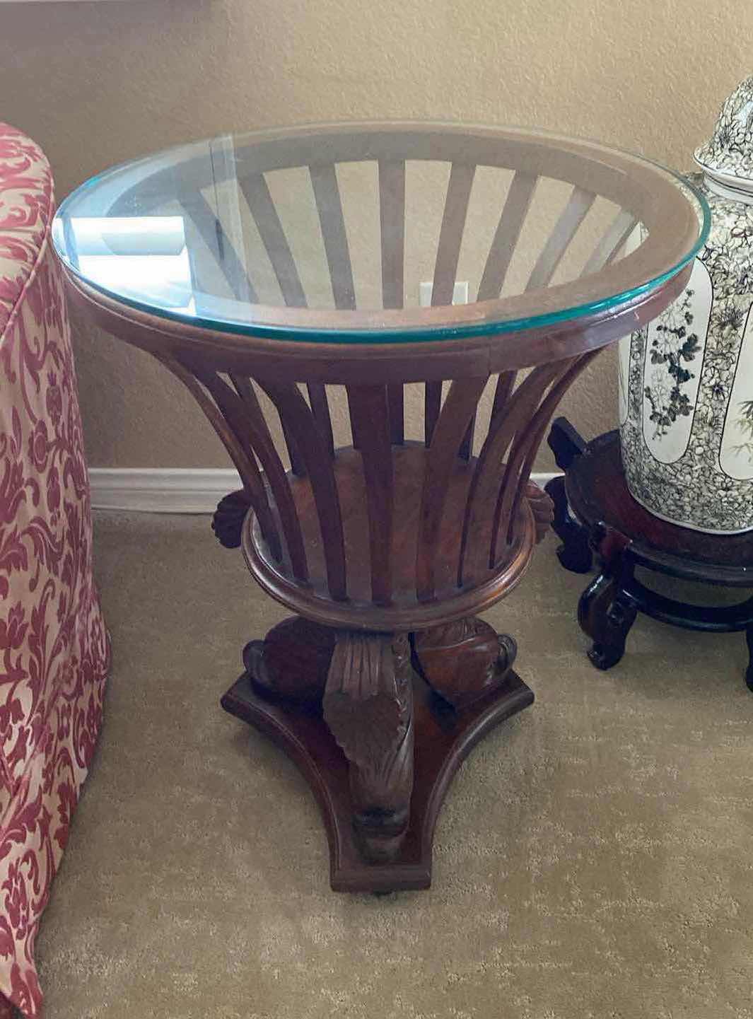 Photo 1 of WOOD END TABLE WITH GLASS TOP 20” x 28”