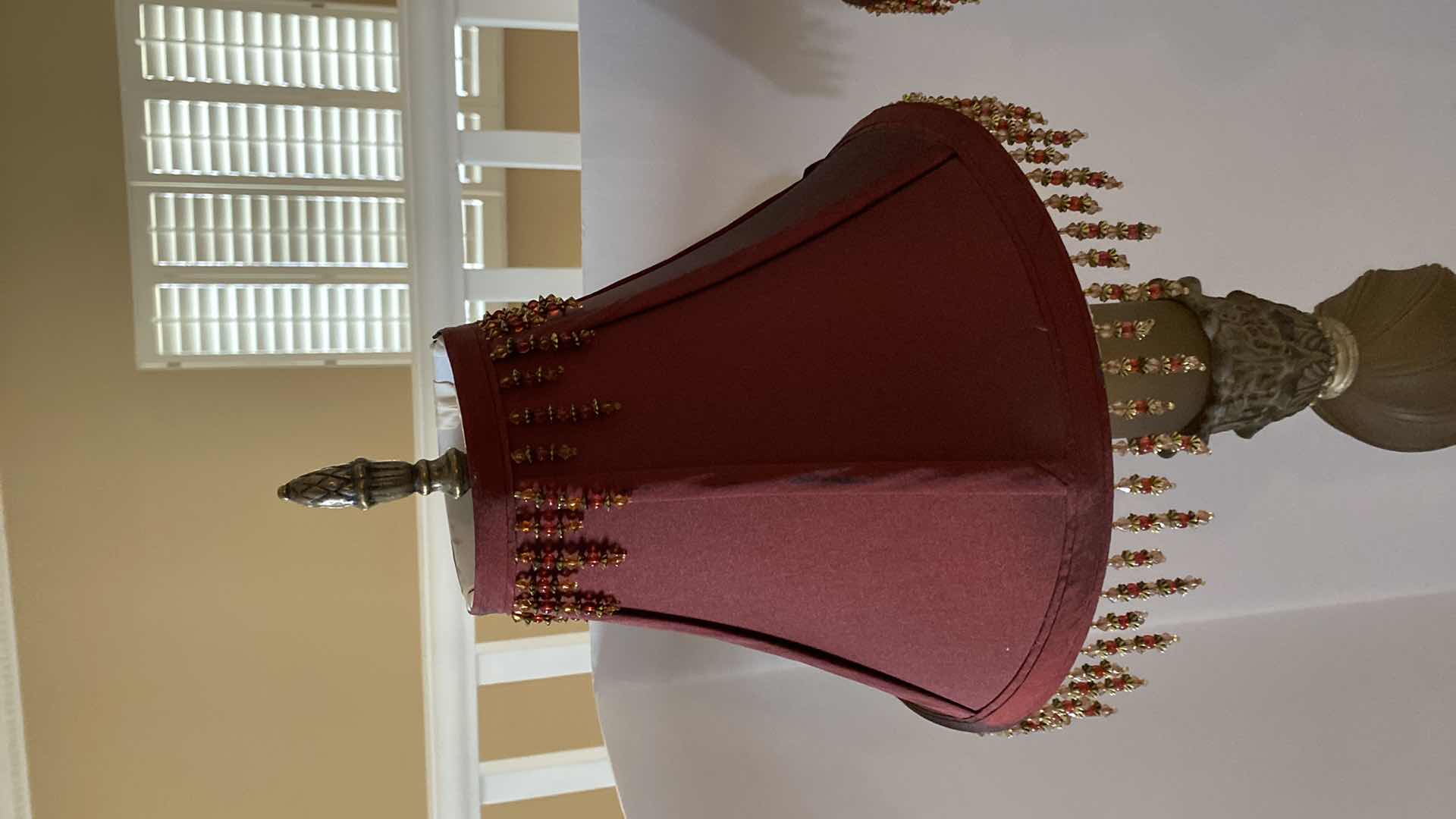 Photo 1 of PAIR OF BUFFET LAMPS WITH BURGUNDY BEADED SHADES H 42”