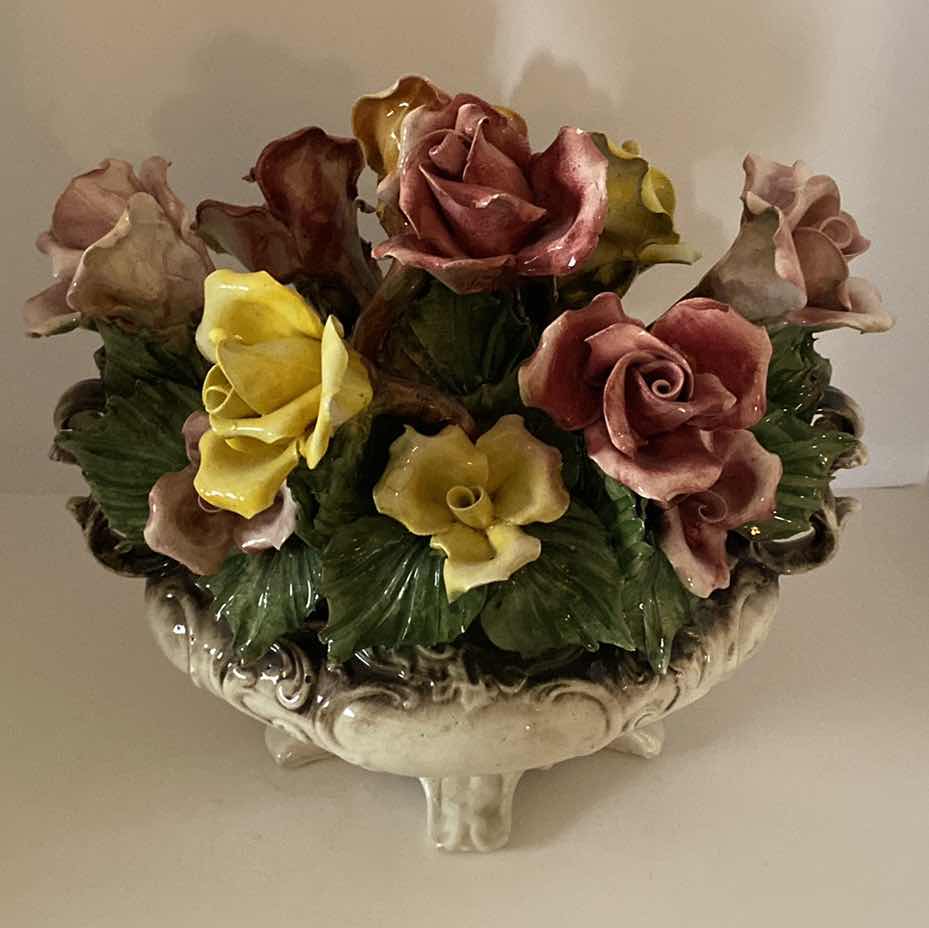Photo 1 of VINTAGE CAPODIMONTE PORCELAIN FLORAL ARRANGEMENT 14” x 14”