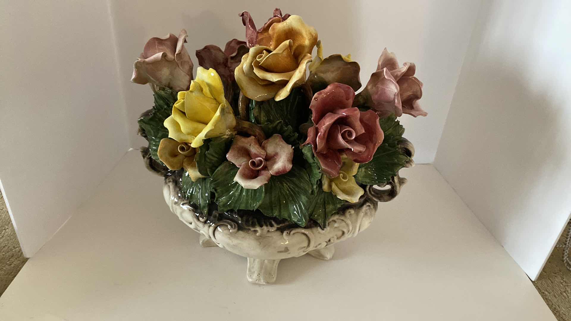 Photo 1 of VINTAGE CAPODIMONTE PORCELAIN FLORAL ARRANGEMENT 14” x 14”