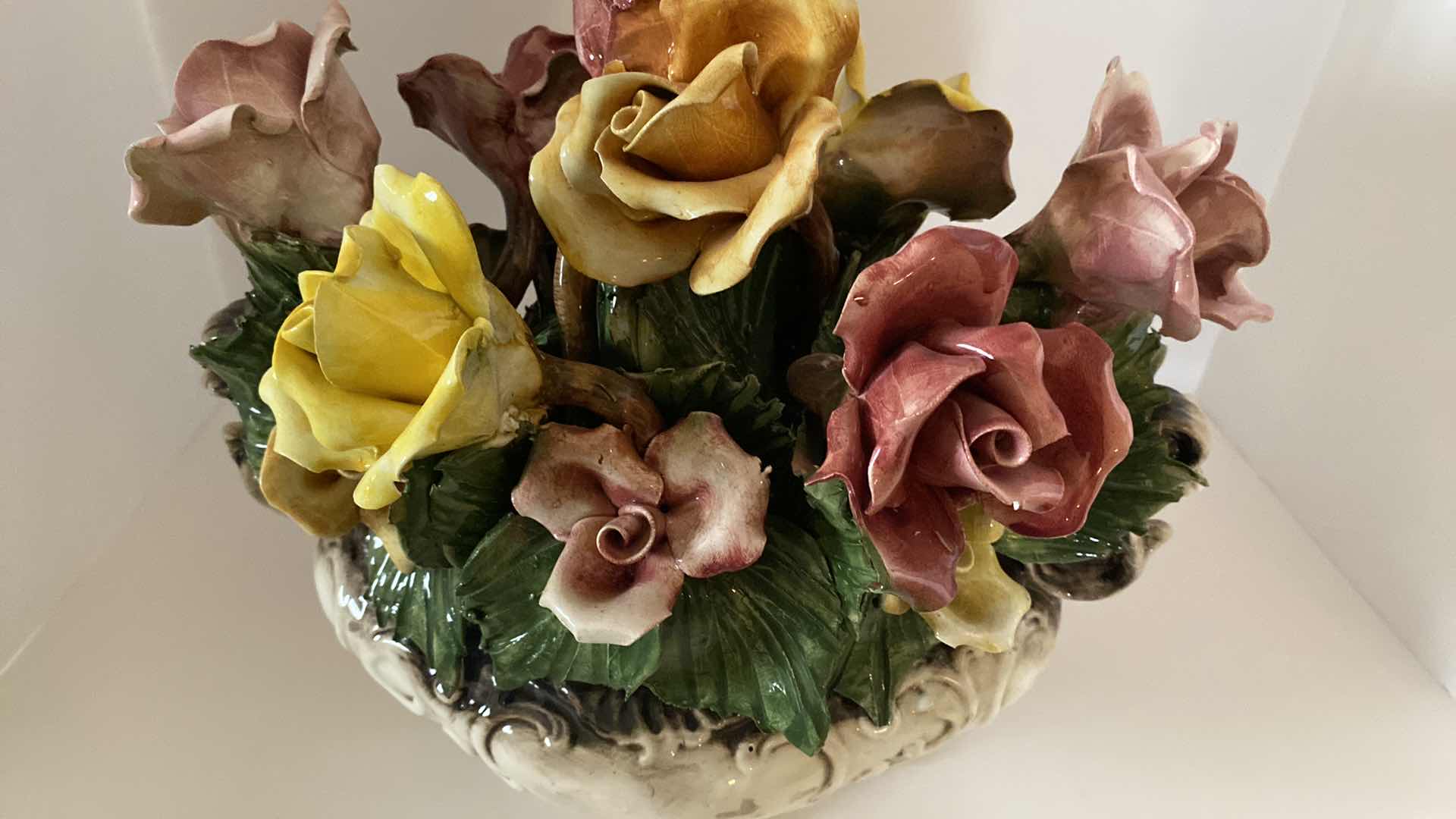 Photo 1 of VINTAGE CAPODIMONTE PORCELAIN FLORAL ARRANGEMENT 14” x 14”