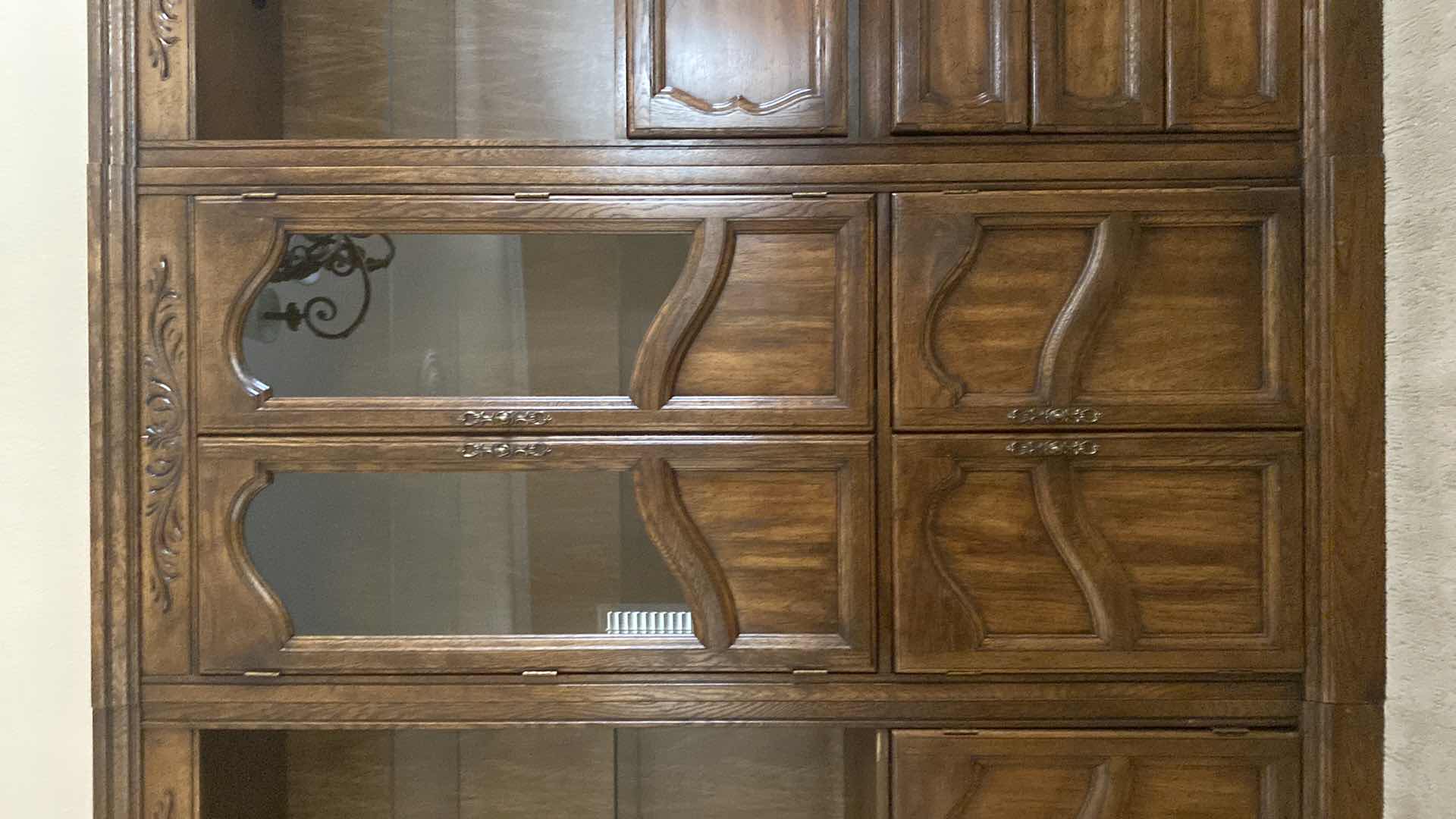 View 3 of DARK WOOD 4 PIECE WALL UNIT EACH PIECE 32” X 19” H 76” Over all 128” X 19” H76