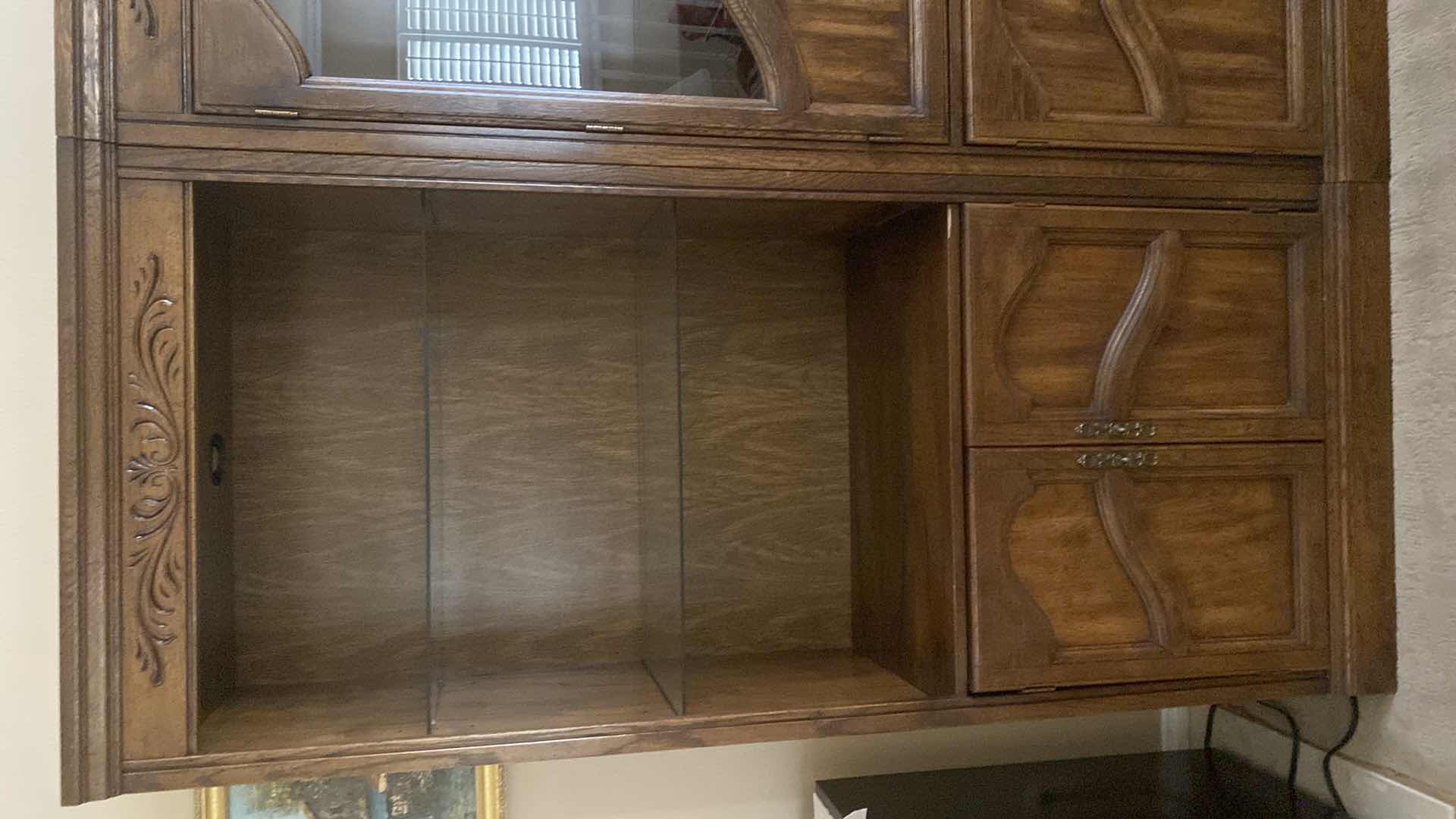 View 2 of DARK WOOD 4 PIECE WALL UNIT EACH PIECE 32” X 19” H 76” Over all 128” X 19” H76