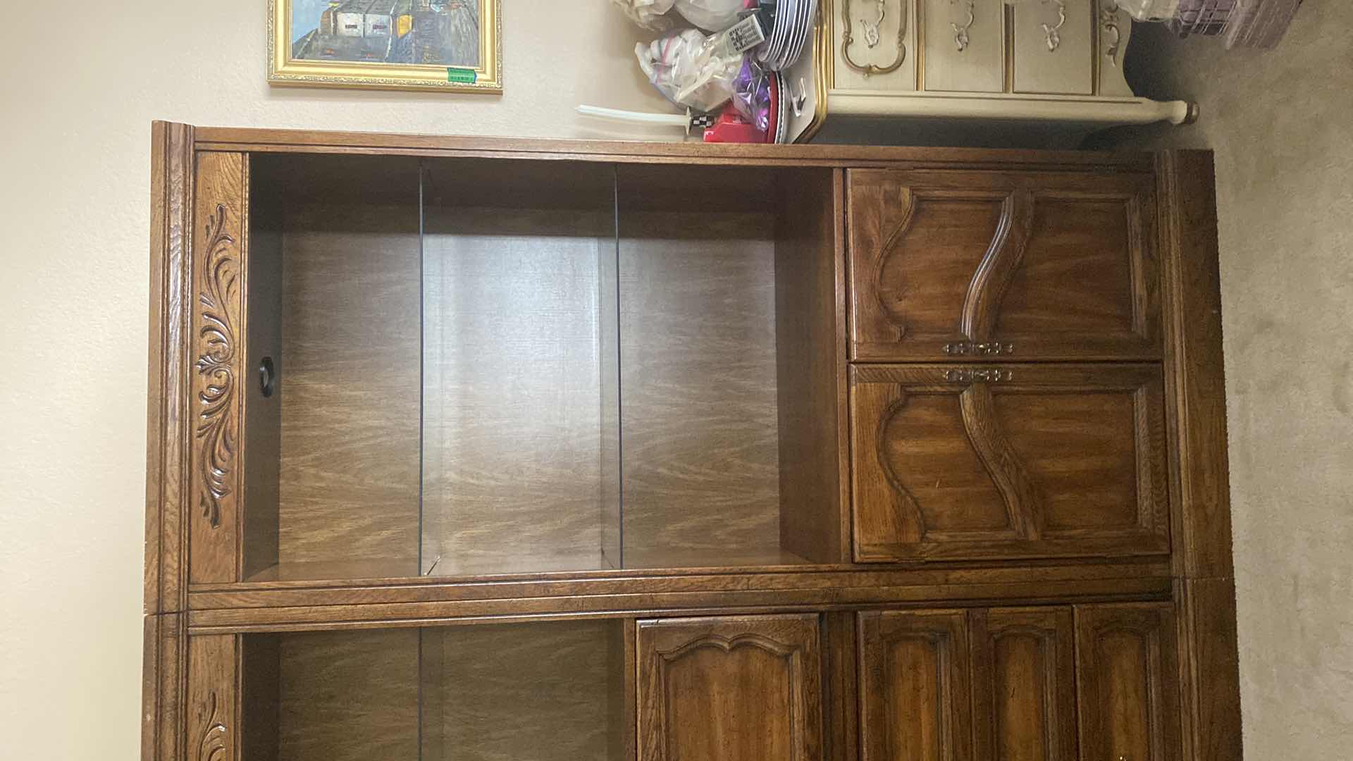 View 5 of DARK WOOD 4 PIECE WALL UNIT EACH PIECE 32” X 19” H 76” Over all 128” X 19” H76