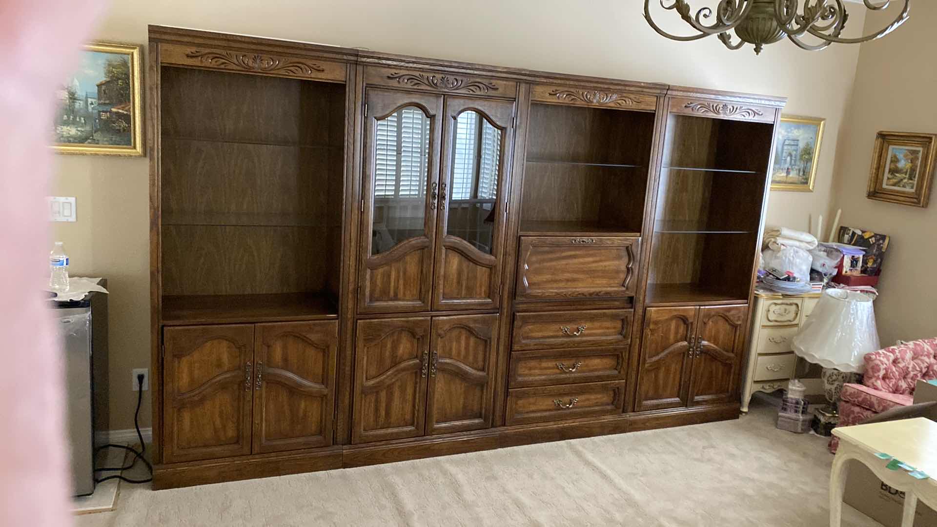 View 1 of DARK WOOD 4 PIECE WALL UNIT EACH PIECE 32” X 19” H 76” Over all 128” X 19” H76