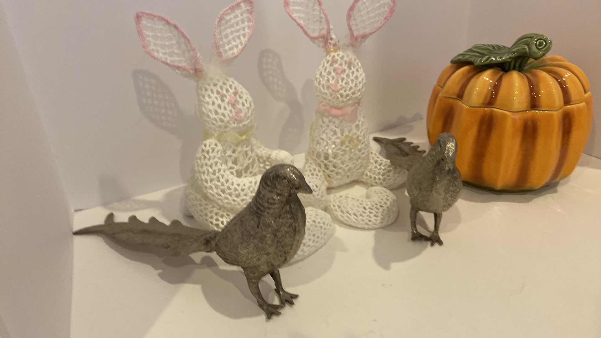 Photo 1 of HOLIDAY DECOR ASSORTMENT BUNNY H 9.5” HEAVY METAL BIRDS AND CERAMIC PUMPKIN