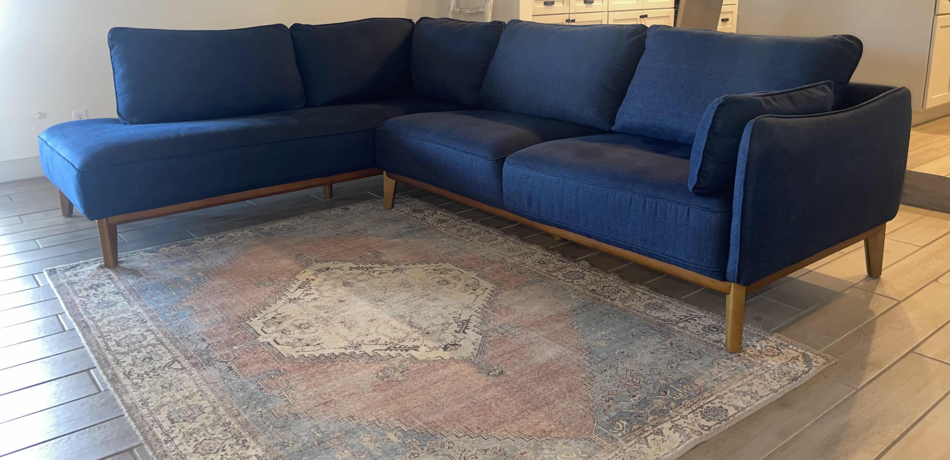 Photo 3 of MACYS LEFT FACING 113” JOLLENE MIDNIGHT BLUE SOFA 74” X 39” H 33” CHAISE 39” X 86” H 33”