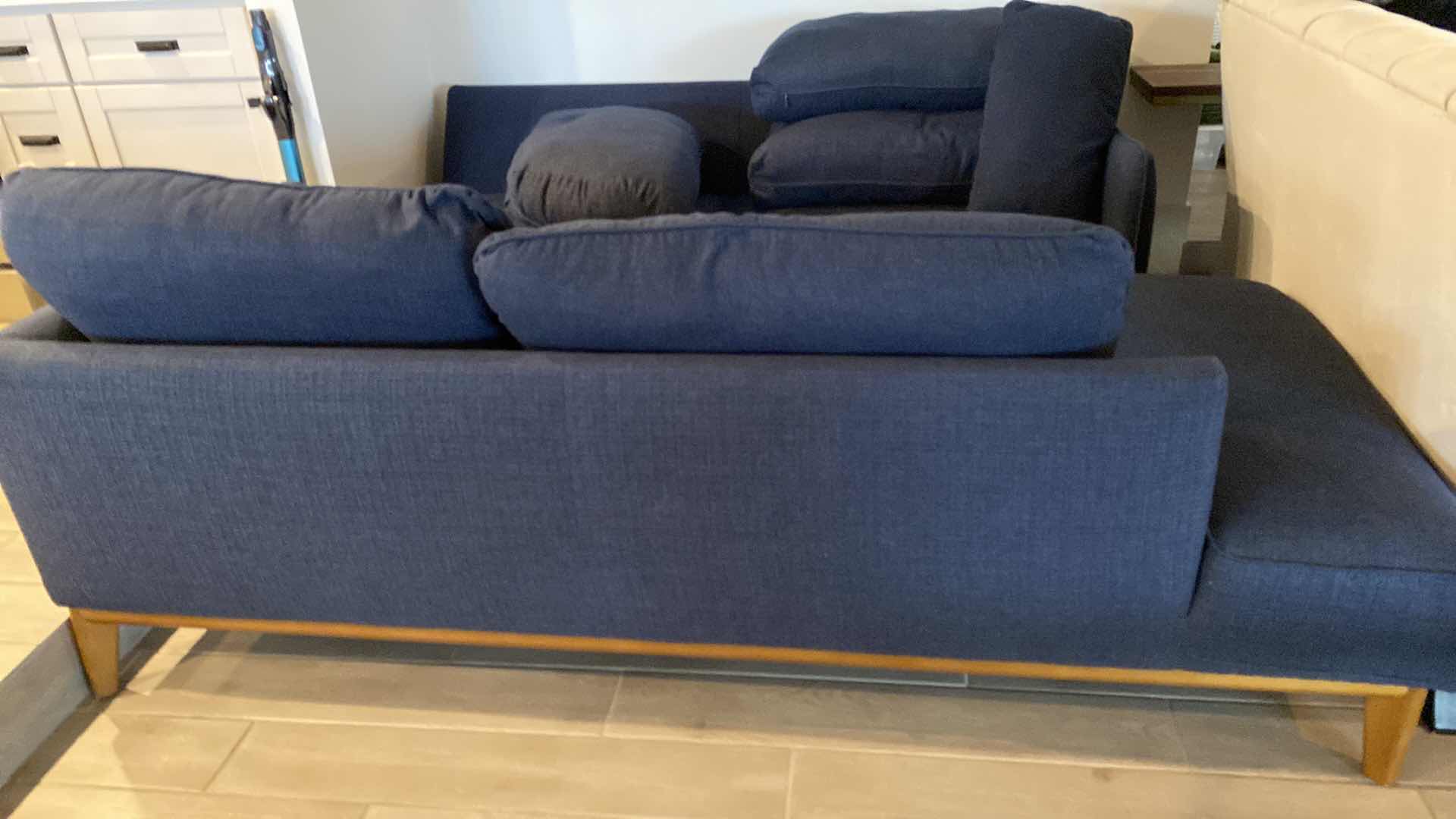 Photo 5 of MACYS LEFT FACING 113” JOLLENE MIDNIGHT BLUE SOFA 74” X 39” H 33” CHAISE 39” X 86” H 33”