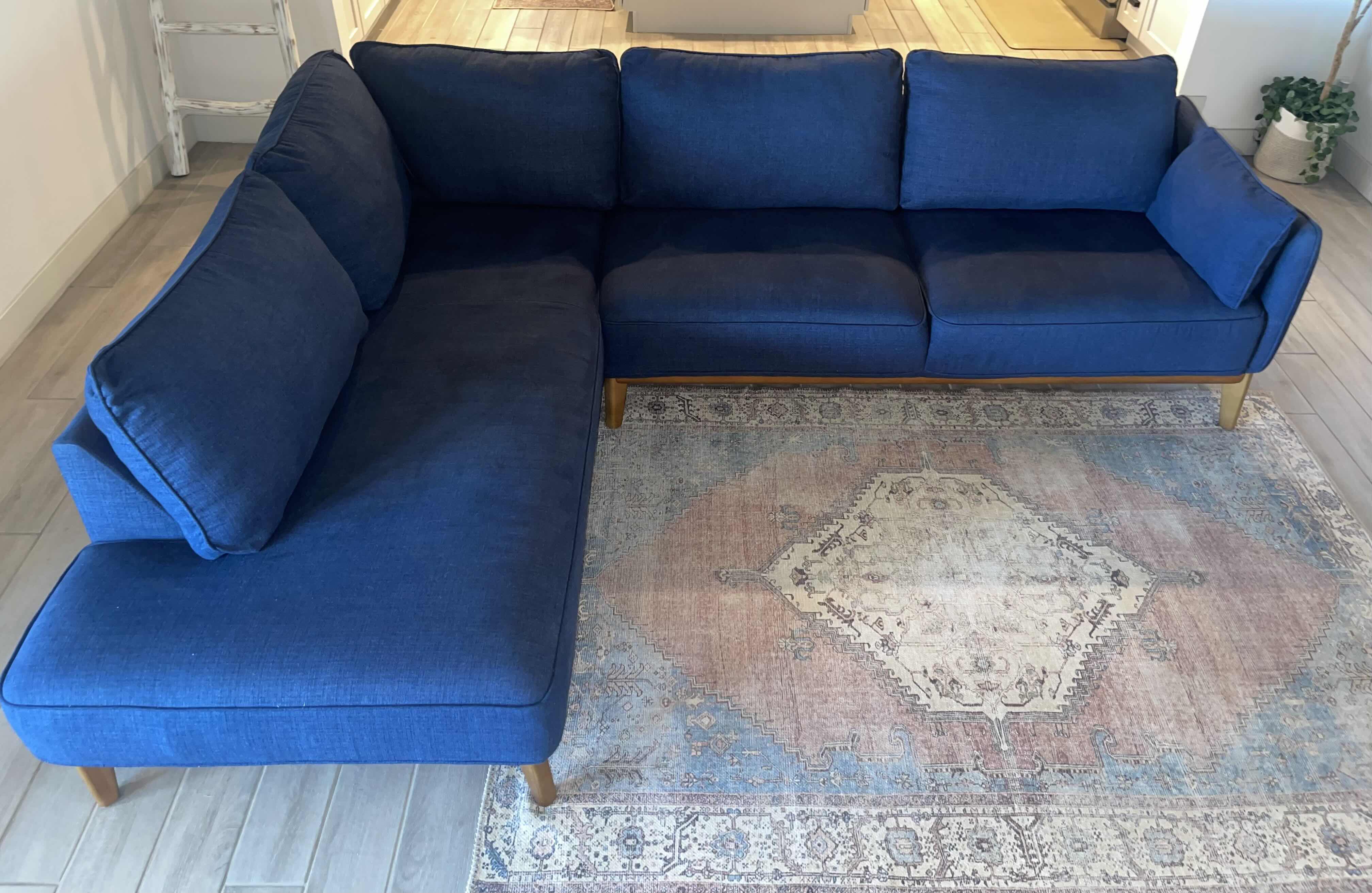 Photo 1 of MACYS LEFT FACING 113” JOLLENE MIDNIGHT BLUE SOFA 74” X 39” H 33” CHAISE 39” X 86” H 33”