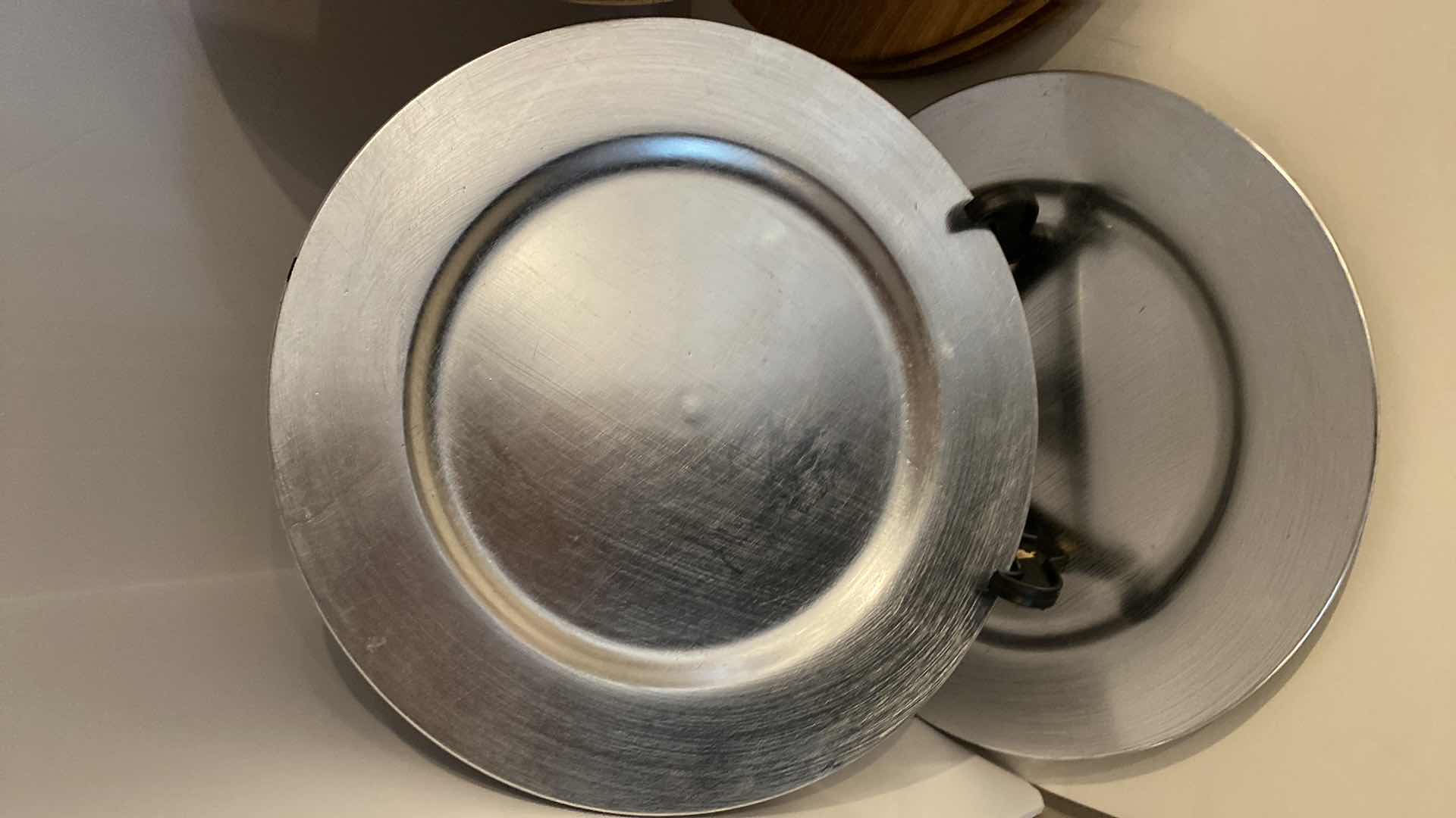 Photo 1 of 6 NAONAME BLUE PLASTIC CHARGER PLATES 13”, 4 WOOD CHARGERS 13.5” AND 2 SILVER PLASTIC CHARGERS 13”