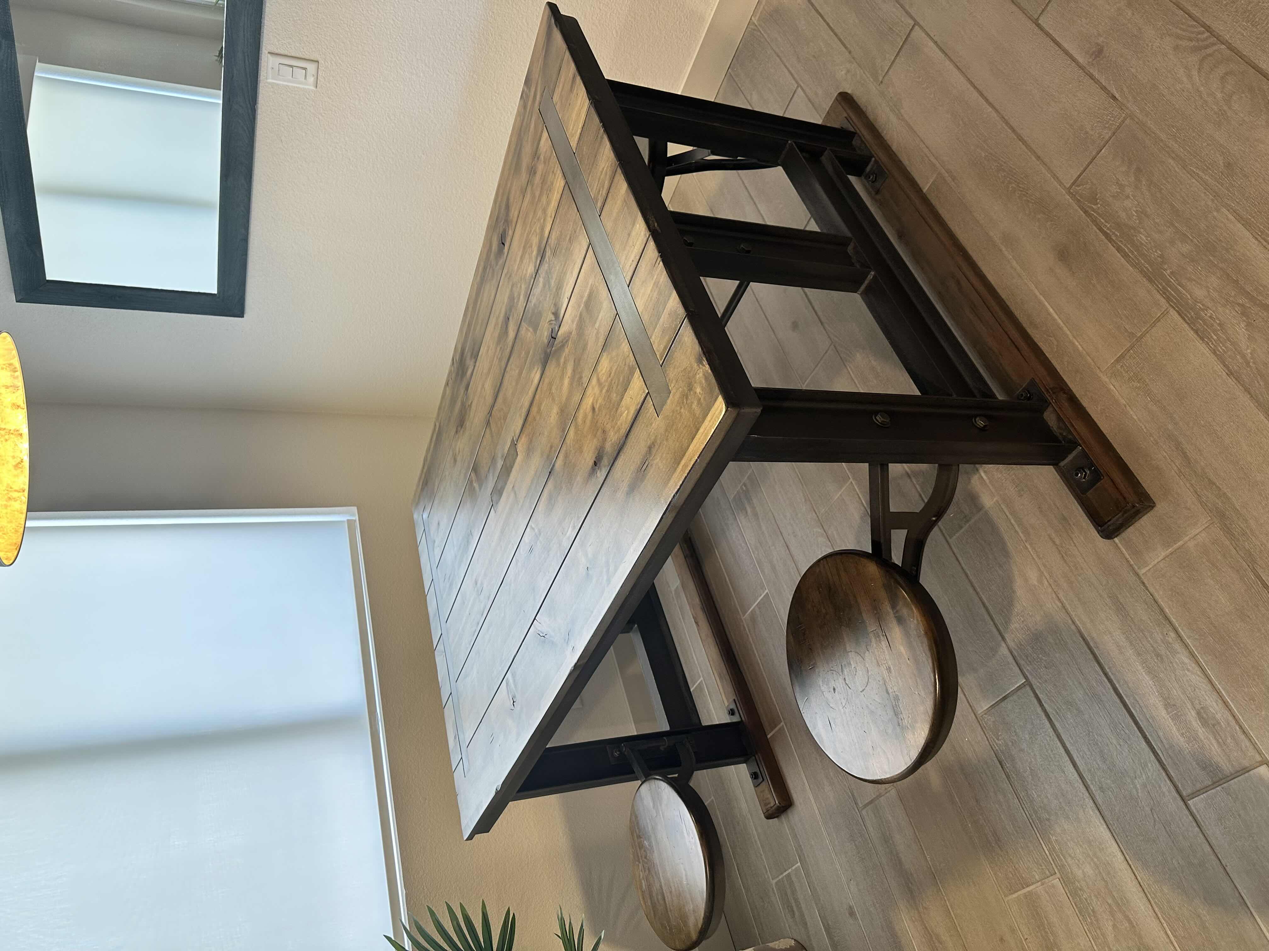 Photo 3 of COST PLUS WORLD MARKET SOLID WOOD GALVIN INDUSTRIAL TABLE 60” X 40” H 32” - BUYER TO DISASSEMBLE