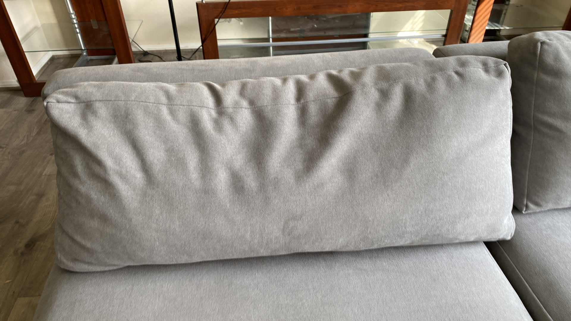 Photo 1 of 7 PIECE SECTIONAL GRAY FABRIC SOFA, CAN BE ARRANGED MULTIPLE WAYS EACH PIECE 40” x 40” H 30”, FABRIC COCKTAIL TABLE 40 1/2” x 40 1/2”