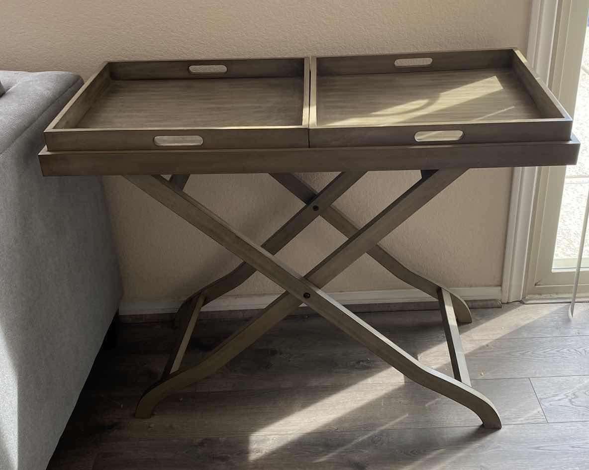 Photo 1 of GRAY FOLDING TRAY TABLE WITH 2 REMOVABLE TRAYS 39” x 18” H 30