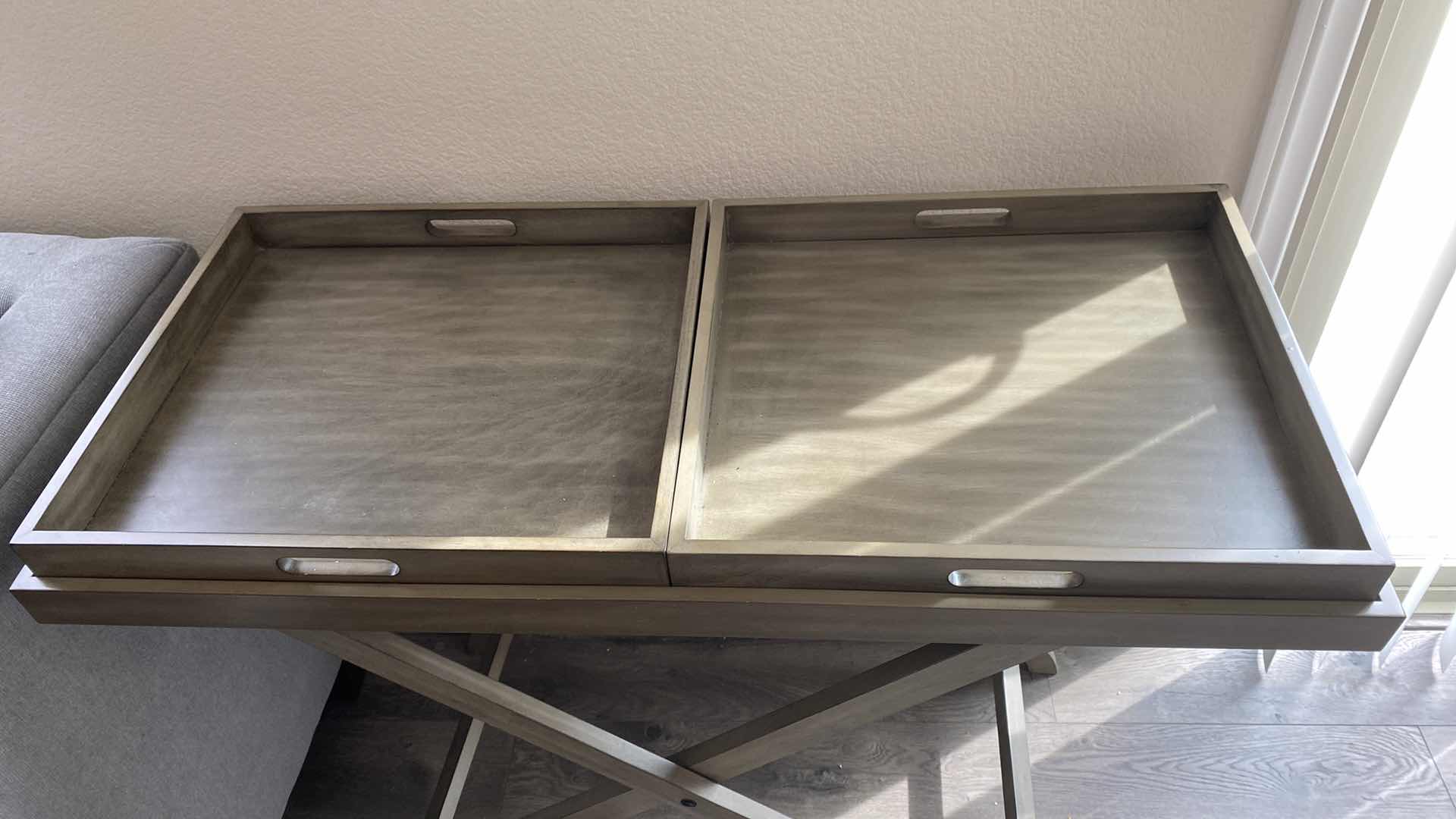 Photo 3 of GRAY FOLDING TRAY TABLE WITH 2 REMOVABLE TRAYS 39” x 18” H 30