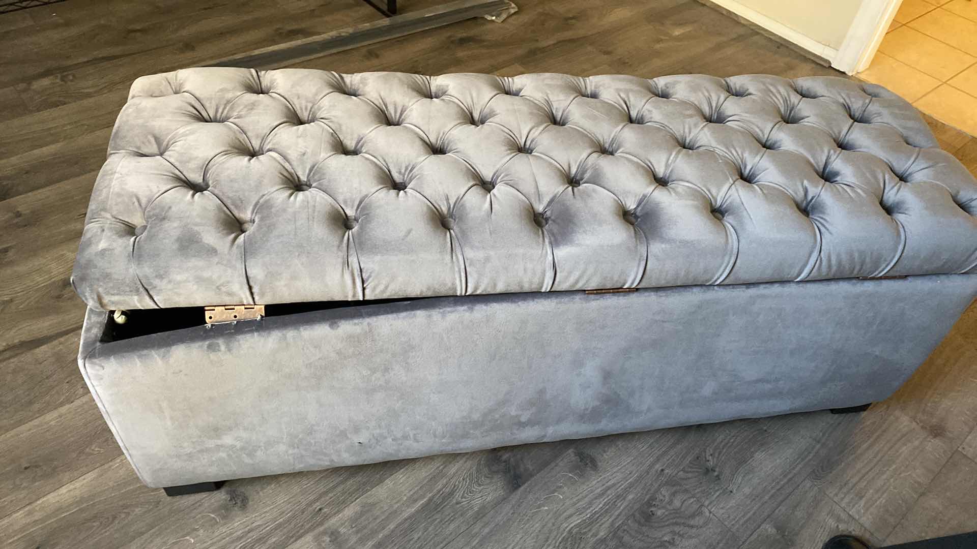 Photo 1 of GRAY VELVET SHOES STORAGE BENCH - LID NEEDS REALIGNED  53“ x 17“ H 20 1/2”