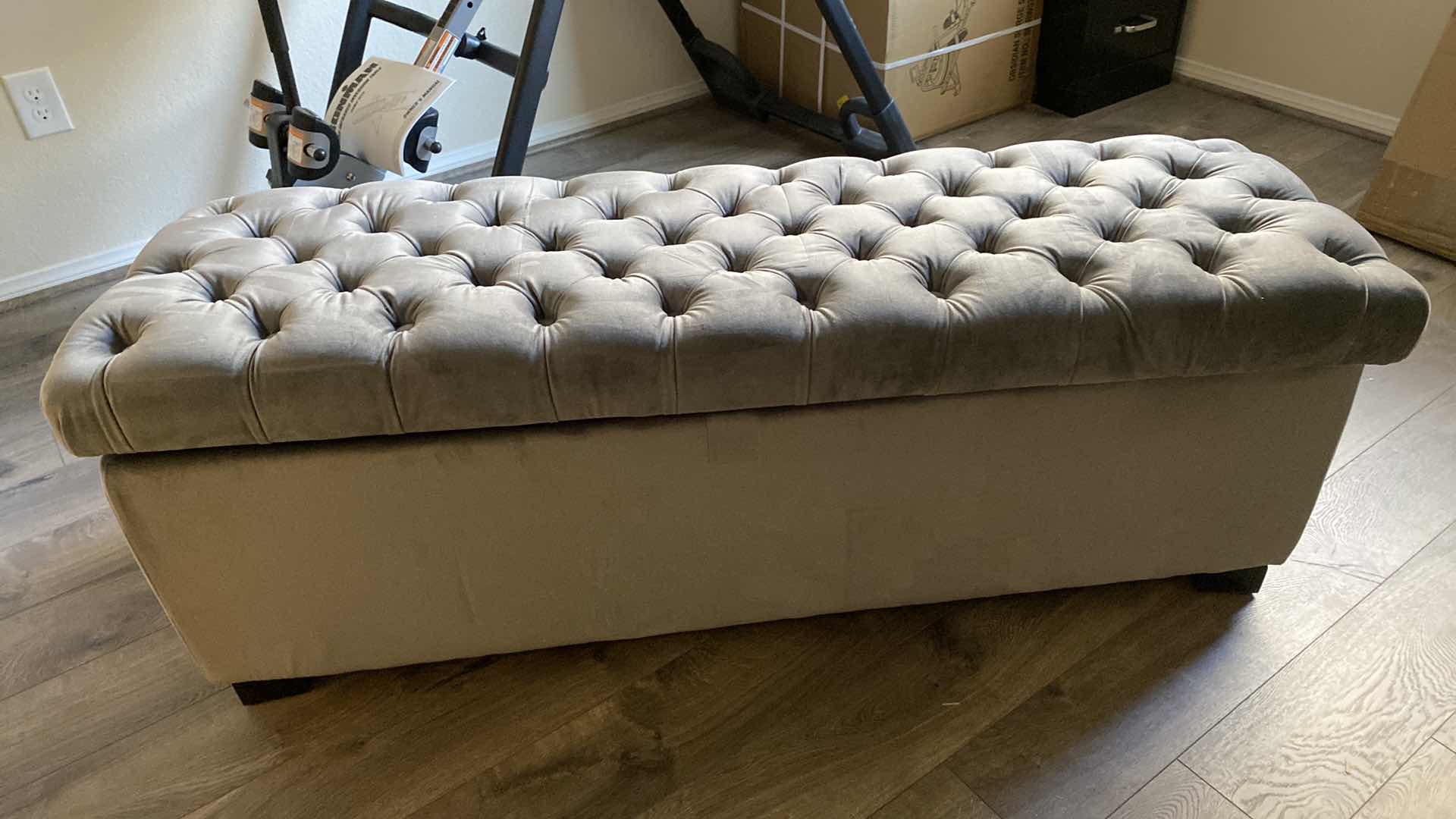 Photo 1 of GRAY VELVET SHOES STORAGE BENCH - LID NEEDS REALIGNED  53“ x 17“ H 20 1/2”