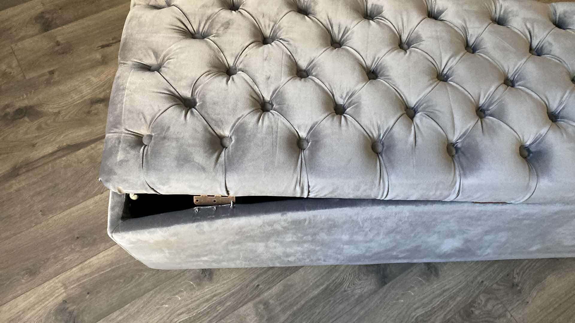 Photo 1 of GRAY VELVET SHOES STORAGE BENCH - LID NEEDS REALIGNED  53“ x 17“ H 20 1/2”