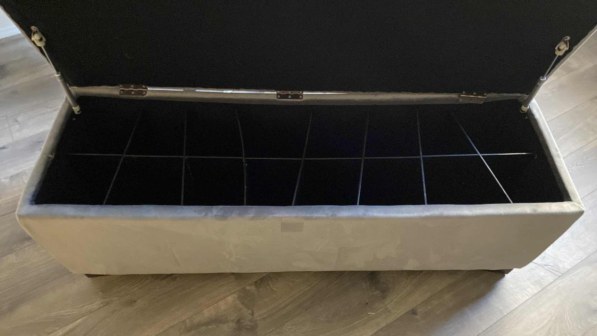 Photo 1 of GRAY VELVET SHOES STORAGE BENCH - LID NEEDS REALIGNED  53“ x 17“ H 20 1/2”