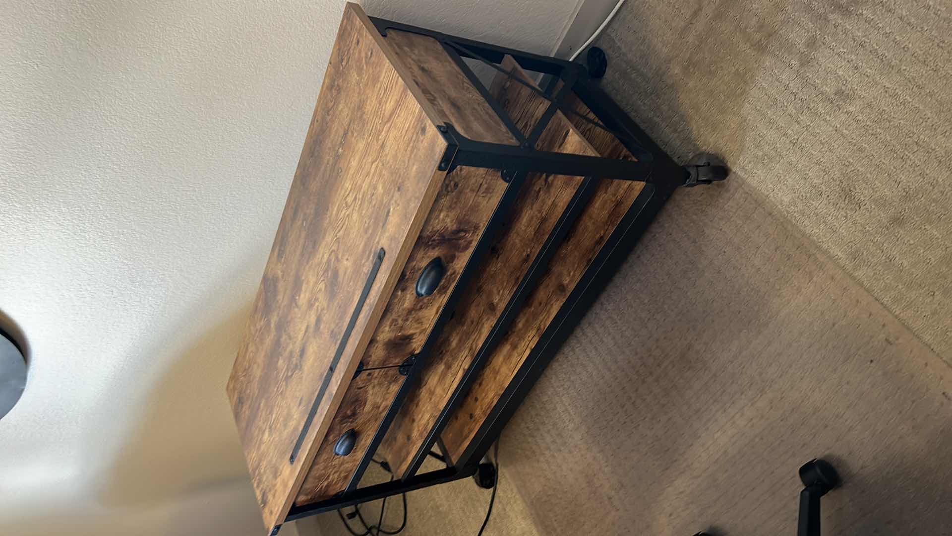 Photo 1 of WOOD AND METAL  2 SHELF , 2 DRAWER CABINET
47 1/2 x 18 1/2 x H28”