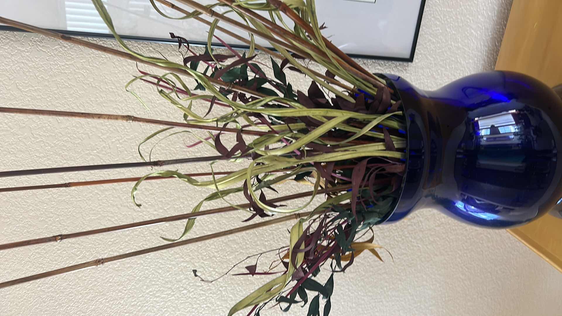 Photo 3 of 2 BLUE GLASS VASES WITH REEDS HEIGHT VASE 14” 37” WITH REEDS