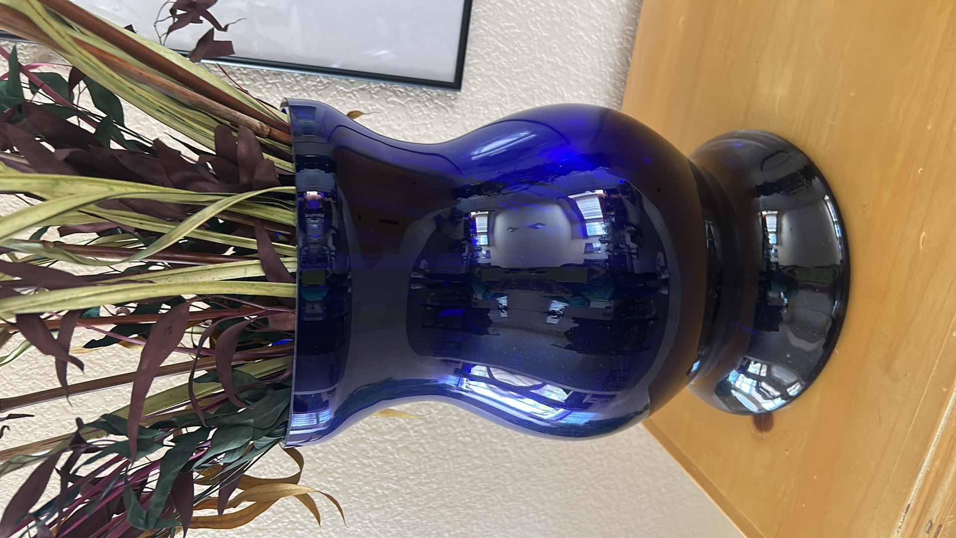 Photo 1 of 2 BLUE GLASS VASES WITH REEDS HEIGHT VASE 14” 37” WITH REEDS