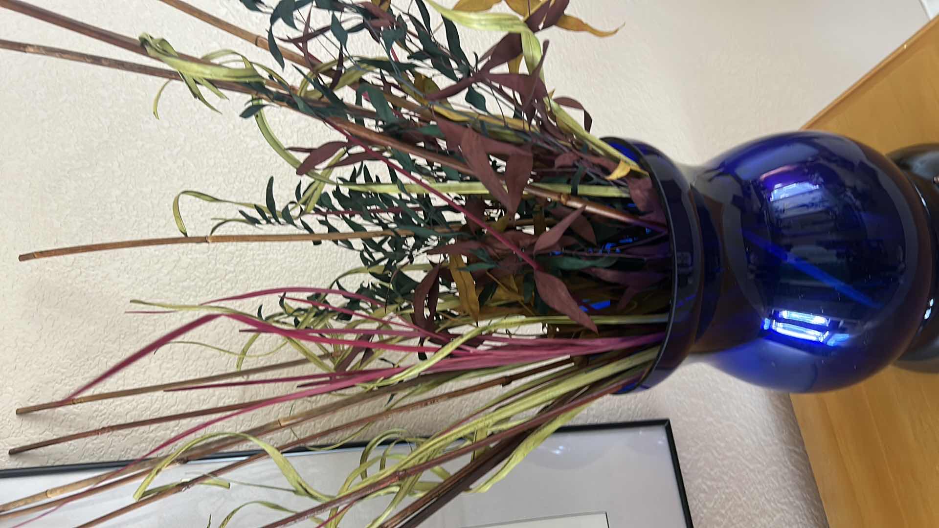 Photo 5 of 2 BLUE GLASS VASES WITH REEDS HEIGHT VASE 14” 37” WITH REEDS