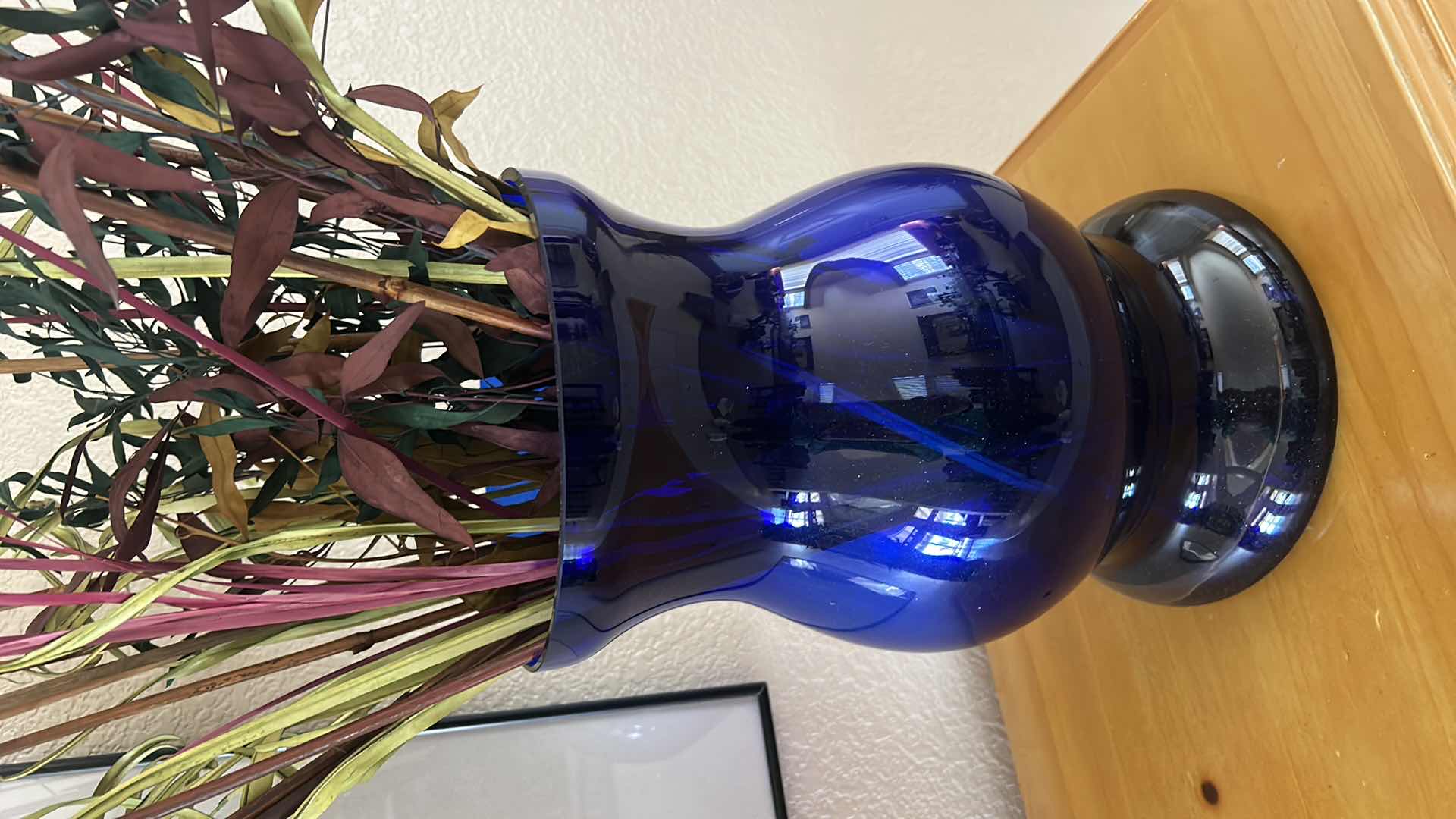 Photo 4 of 2 BLUE GLASS VASES WITH REEDS HEIGHT VASE 14” 37” WITH REEDS