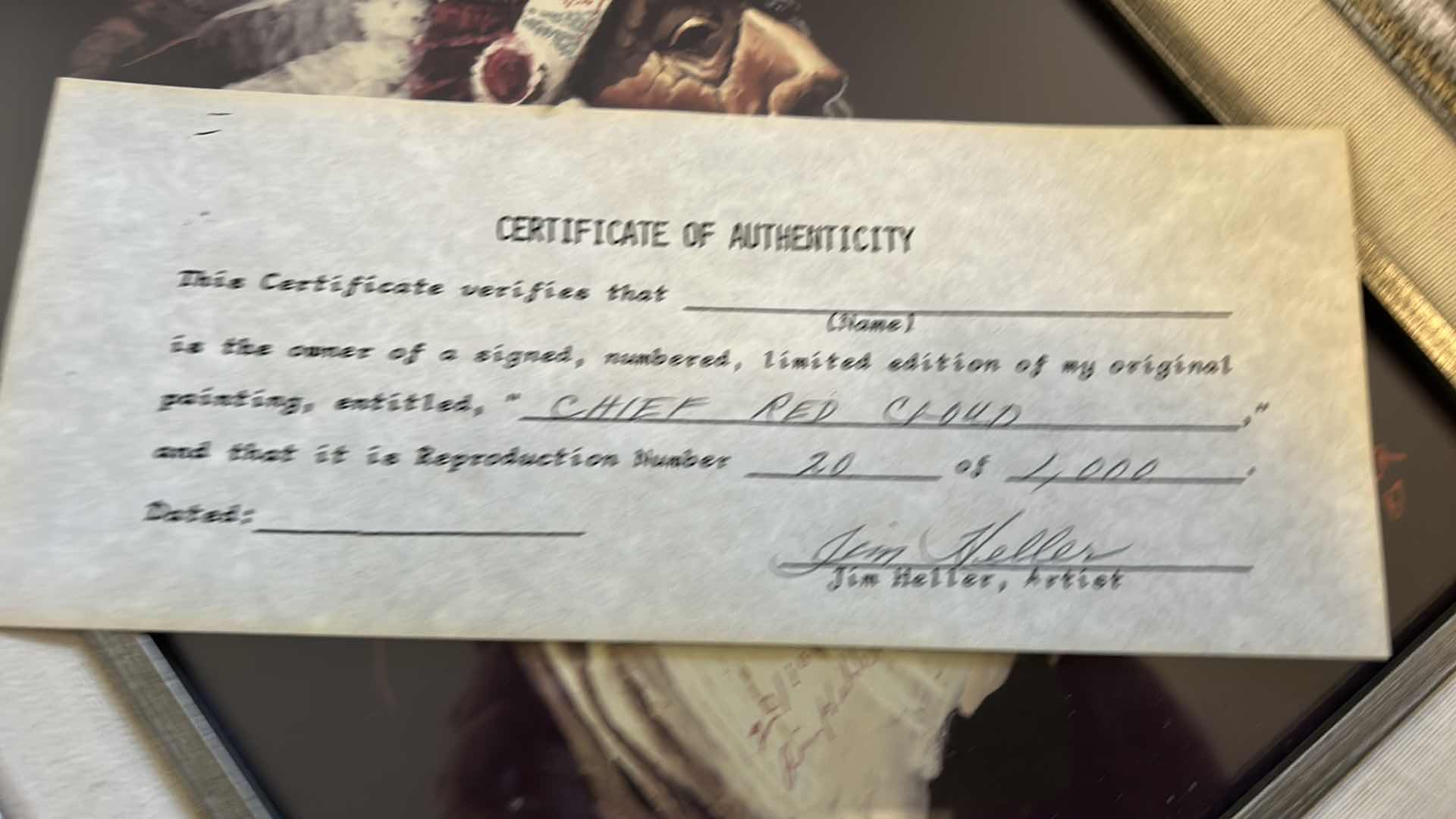 Photo 1 of CHIEF RED CLOUD WITH COA ARTWORK FRAMED 14 1/2 x 16 1/2