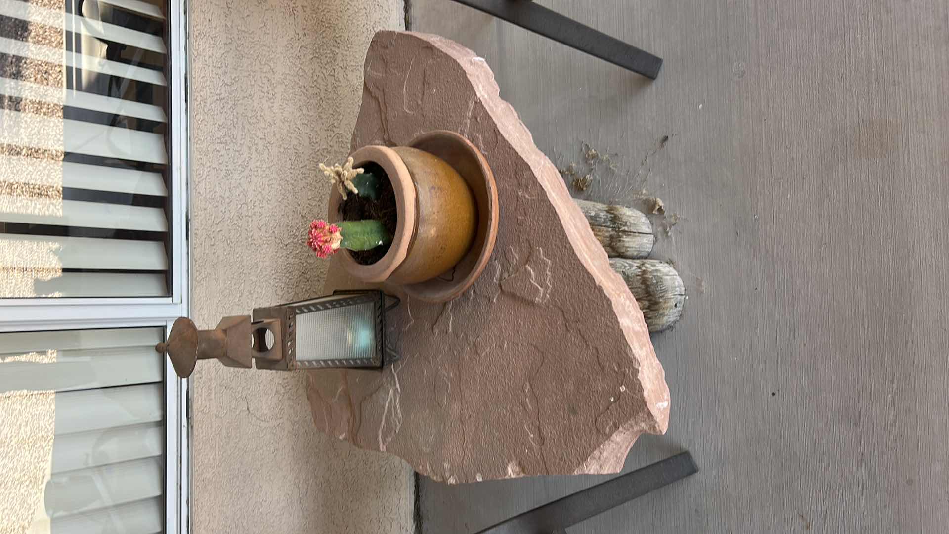 Photo 1 of OUTDOOR/ HANDCRAFTED TABLE, 2 CHAIRS, LANTERN AND POTTED CACY