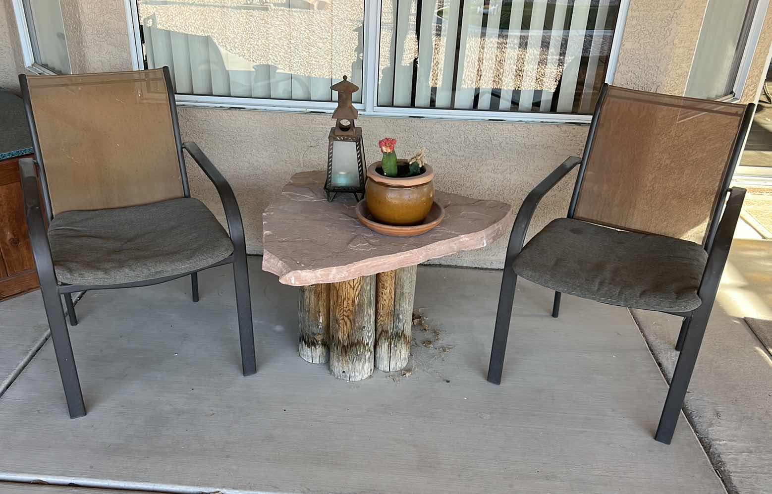 Photo 1 of OUTDOOR/ HANDCRAFTED TABLE, 2 CHAIRS, LANTERN AND POTTED CACY