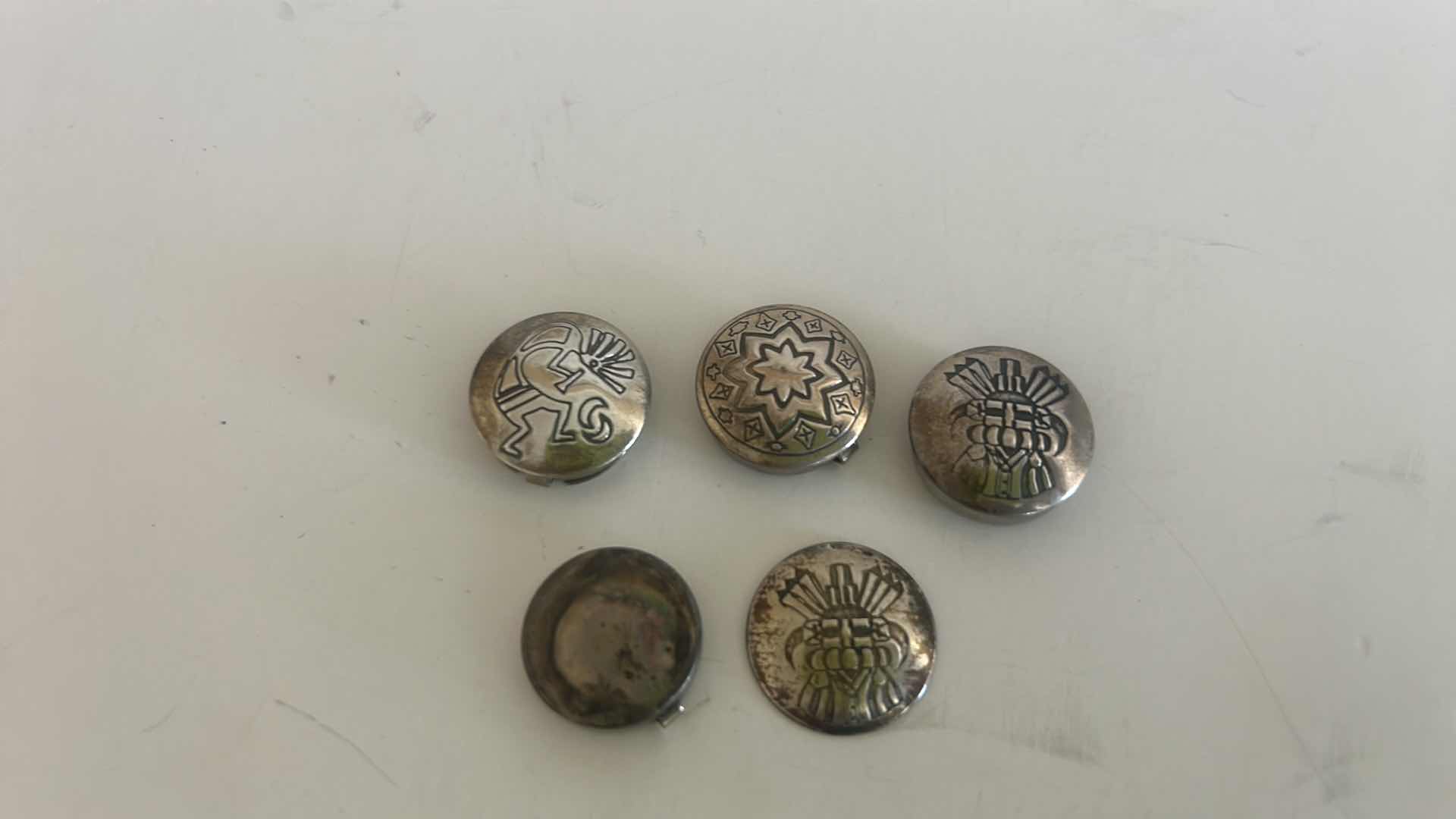 Photo 1 of 4 VINTAGE SOUTHWESTERN STERLING SILVER ROUND HANDMADE BUTTON COVERS (1 NEEDS TO BE REATTACHED)