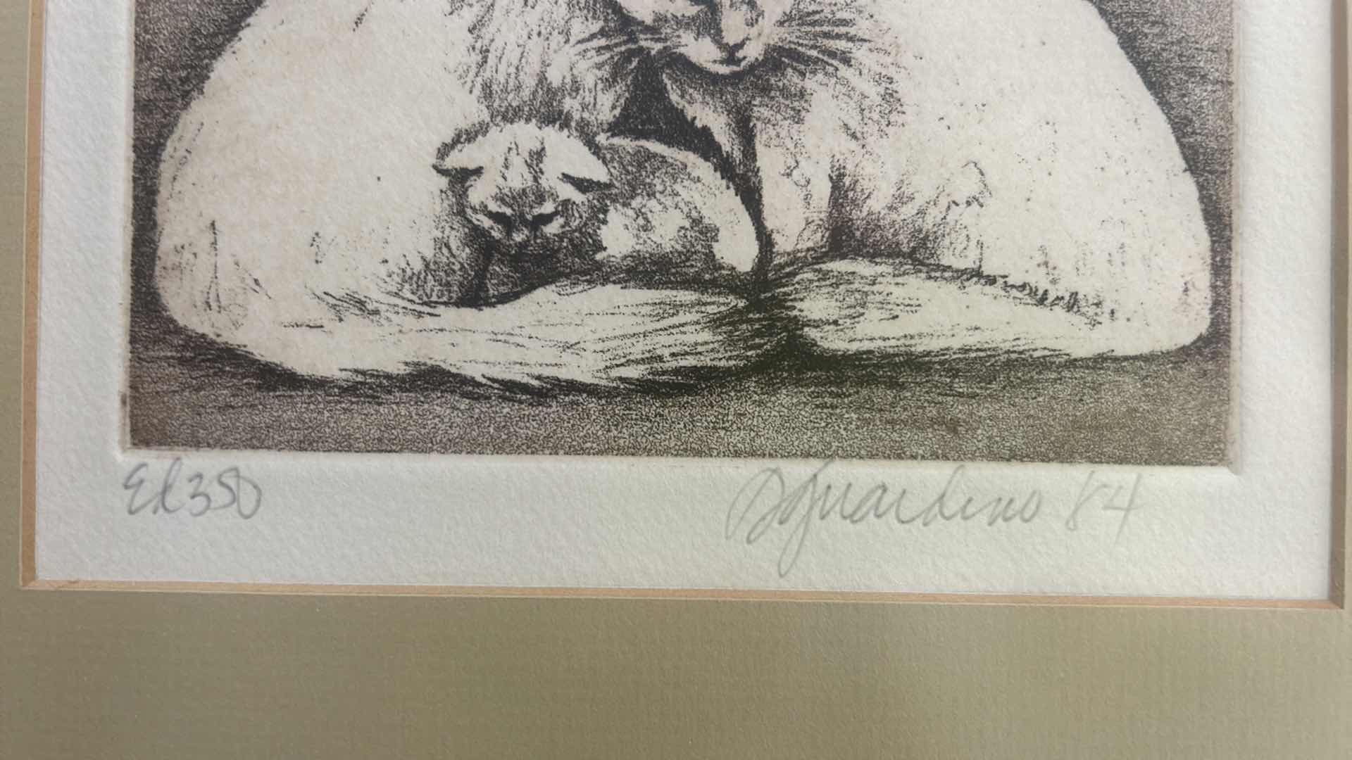 Photo 1 of 3 PC CAT DECOR, FRAMED CAT ARTWORK, 1 SIGNED AND NUMBERED  11 1/2” x H13”, STONE CAT FIGURINE