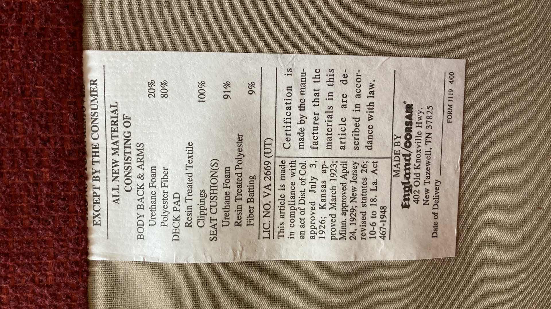 Photo 1 of ENGLAND CORSAIR POLYESTER FIBER LOVE SEAT 65” X 41” H39”