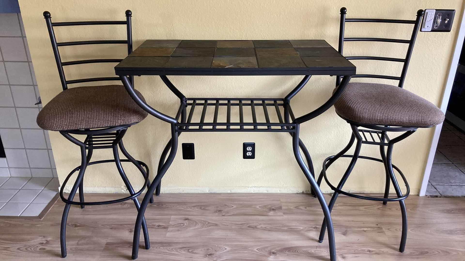 Photo 1 of ASHLEY’S ANTIGO COLLECTION SLATE TOP METAL FRAME PUB TABLE W CHAIRS (2) 40.5” X 21.5” H77”