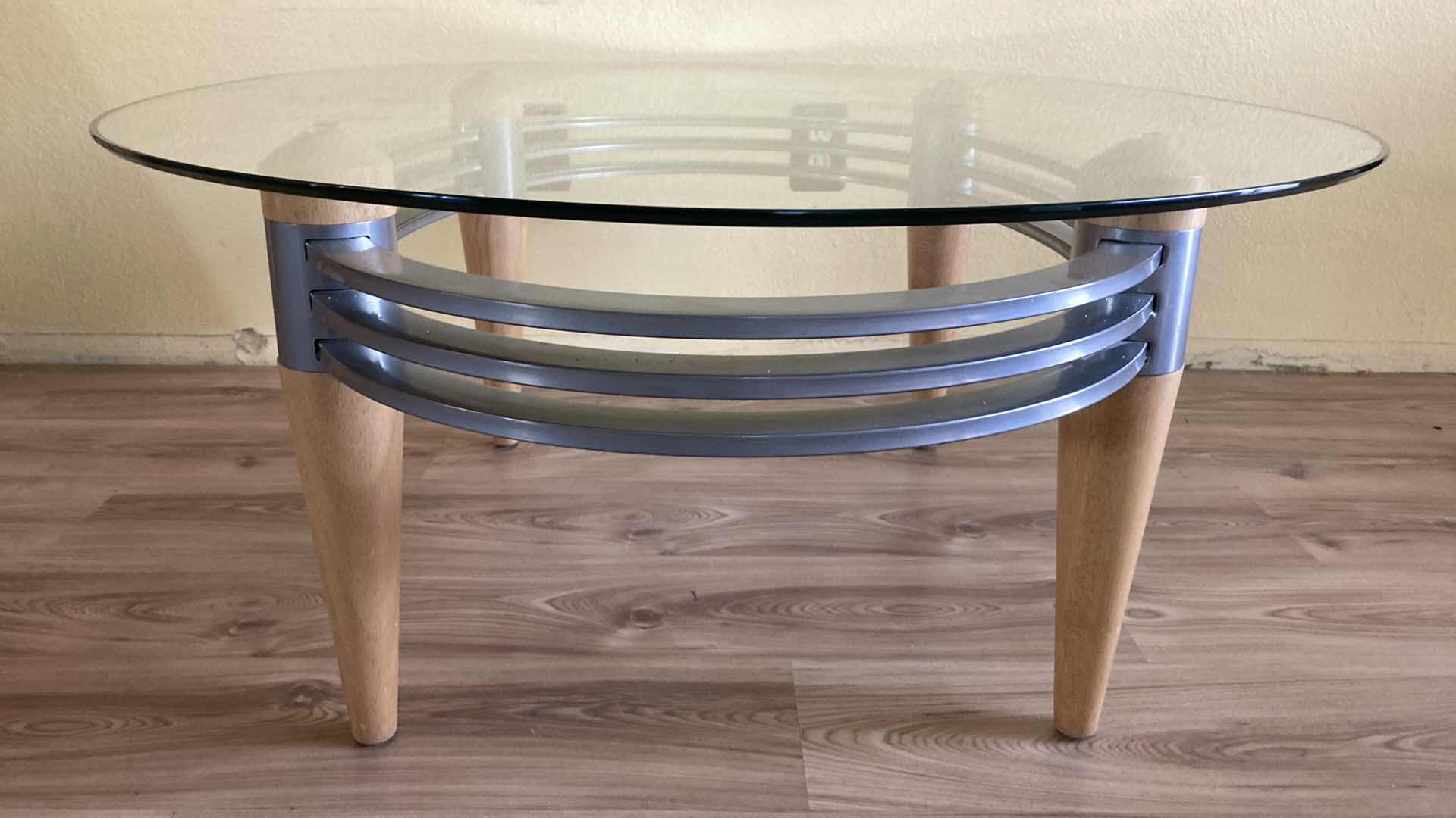 Photo 1 of MODERN OBLONG GLASS TOP W WOOD & METAL FRAME COFFEE TABLE 48” X 35.75” H18”