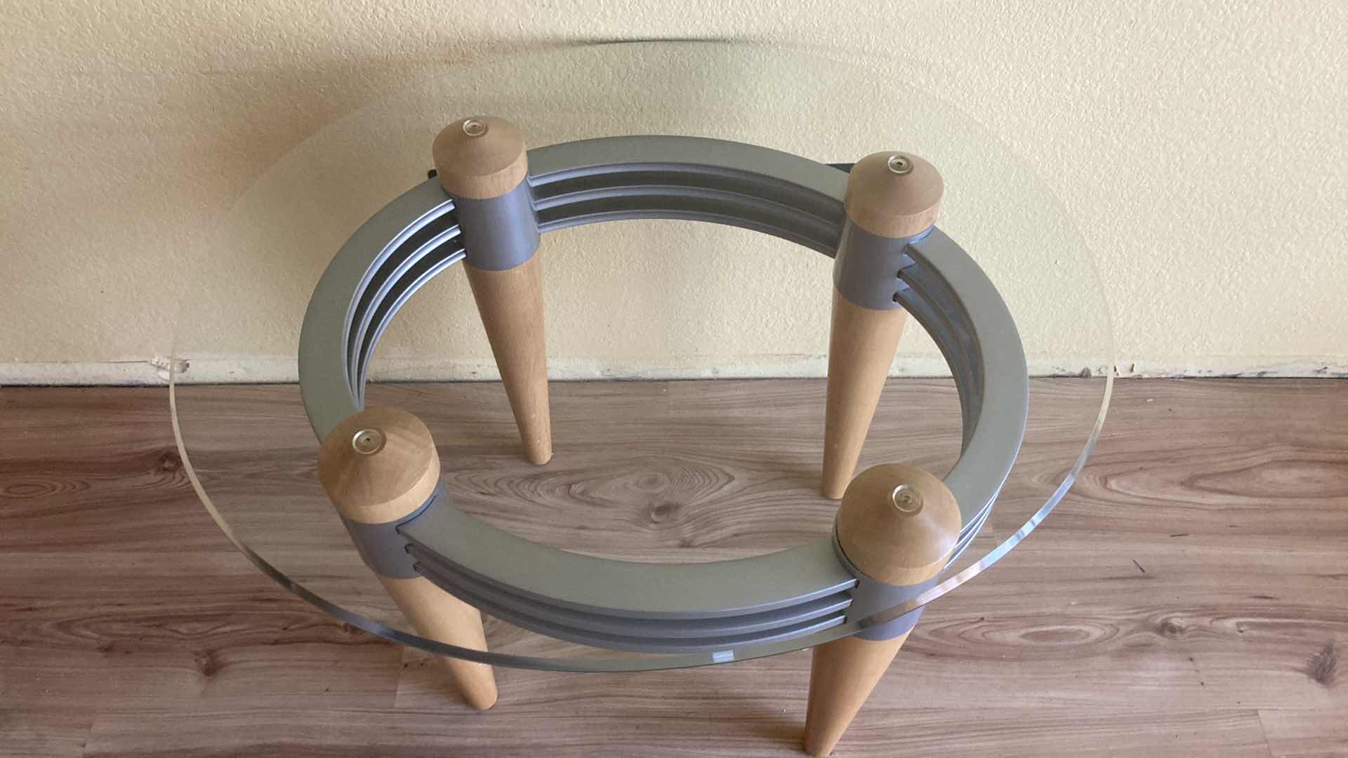 Photo 1 of MODERN OBLONG GLASS TOP W WOOD & METAL FRAME SIDE TABLE 28” X 24” H22”