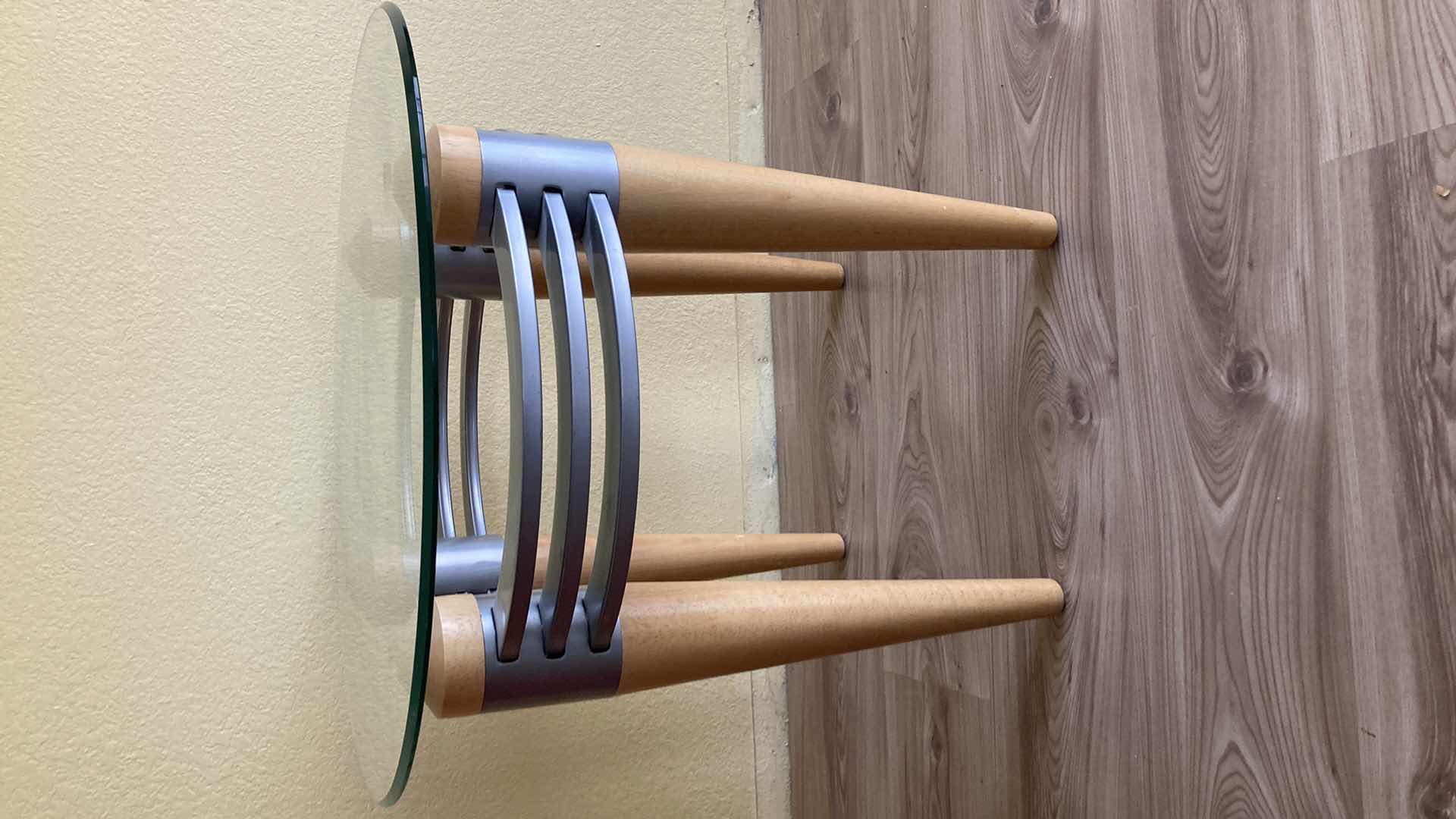 Photo 1 of MODERN OBLONG GLASS TOP W WOOD & METAL FRAME SIDE TABLE 28” X 24” H22”