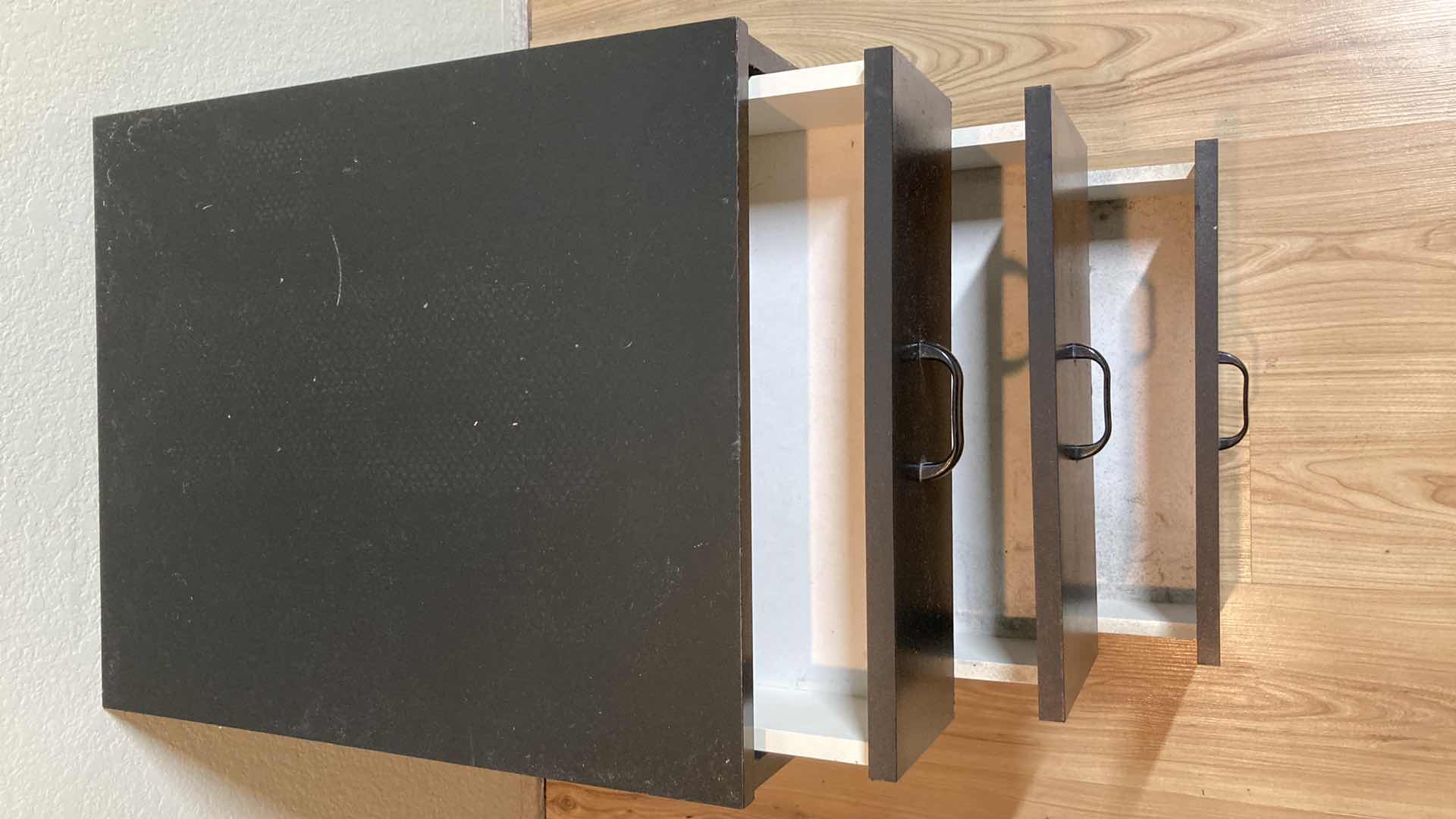 Photo 1 of BLACK LAMINATE 3 DRAWER NIGHT STAND 16” X 16” H19.25”