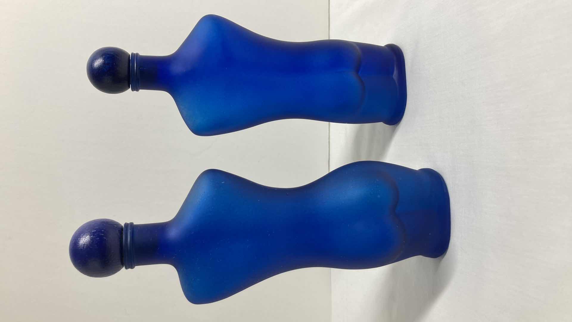 Photo 1 of MALE & FEMALE BODY BLUE FROSTED GLASS DECANTERS (2) 3” X 8.75”