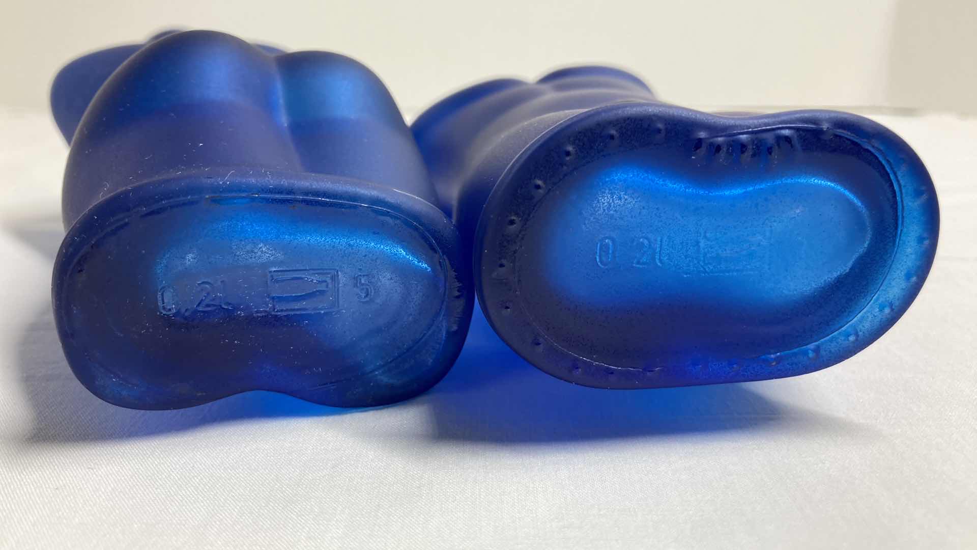 Photo 1 of MALE & FEMALE BODY BLUE FROSTED GLASS DECANTERS (2) 3” X 8.75”