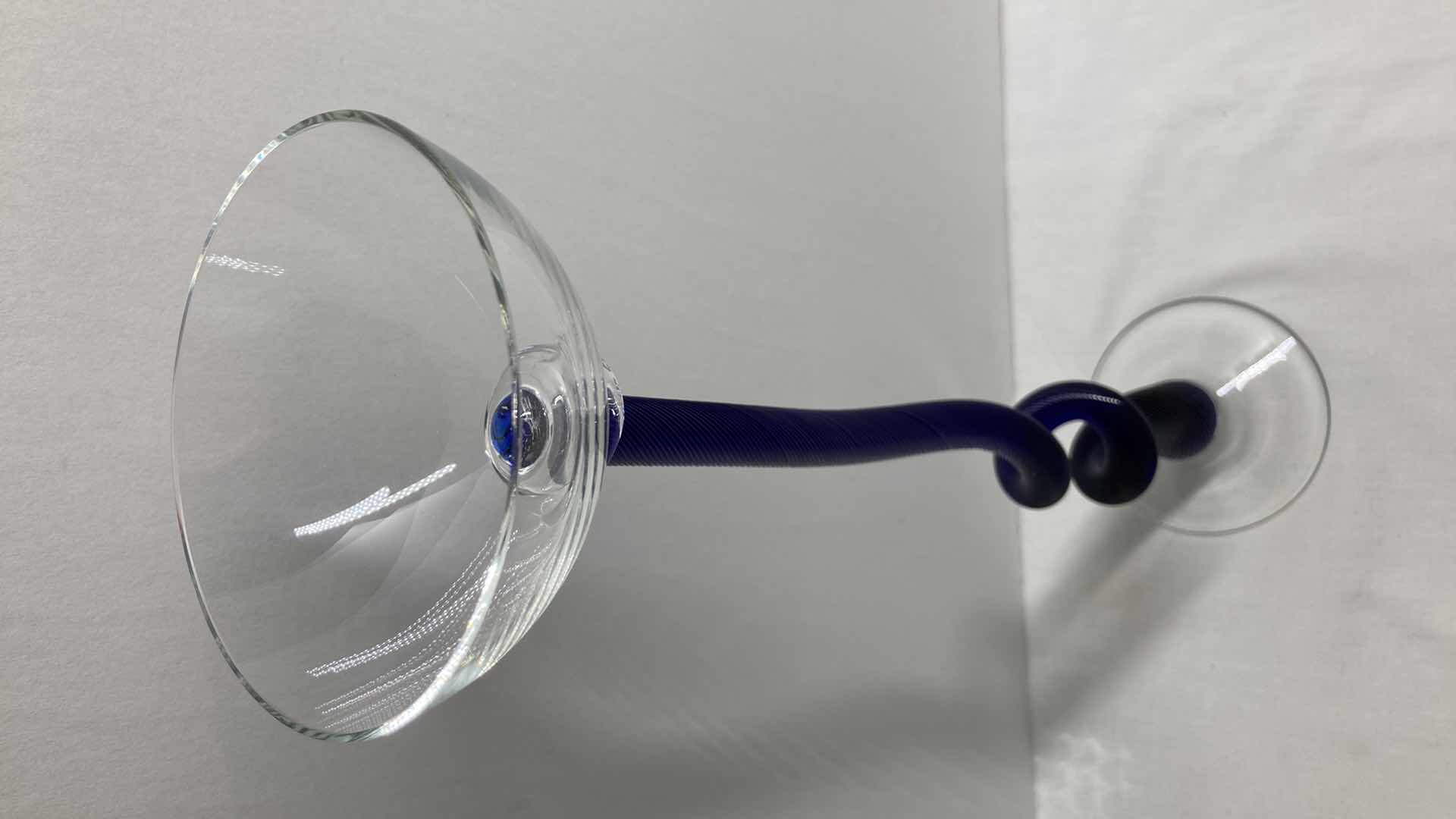 View 2 of LINEAR SPIRAL COBALT BLUE & CLEAR GLASS TEA LIGHT HOLDER 4” X 16.5”