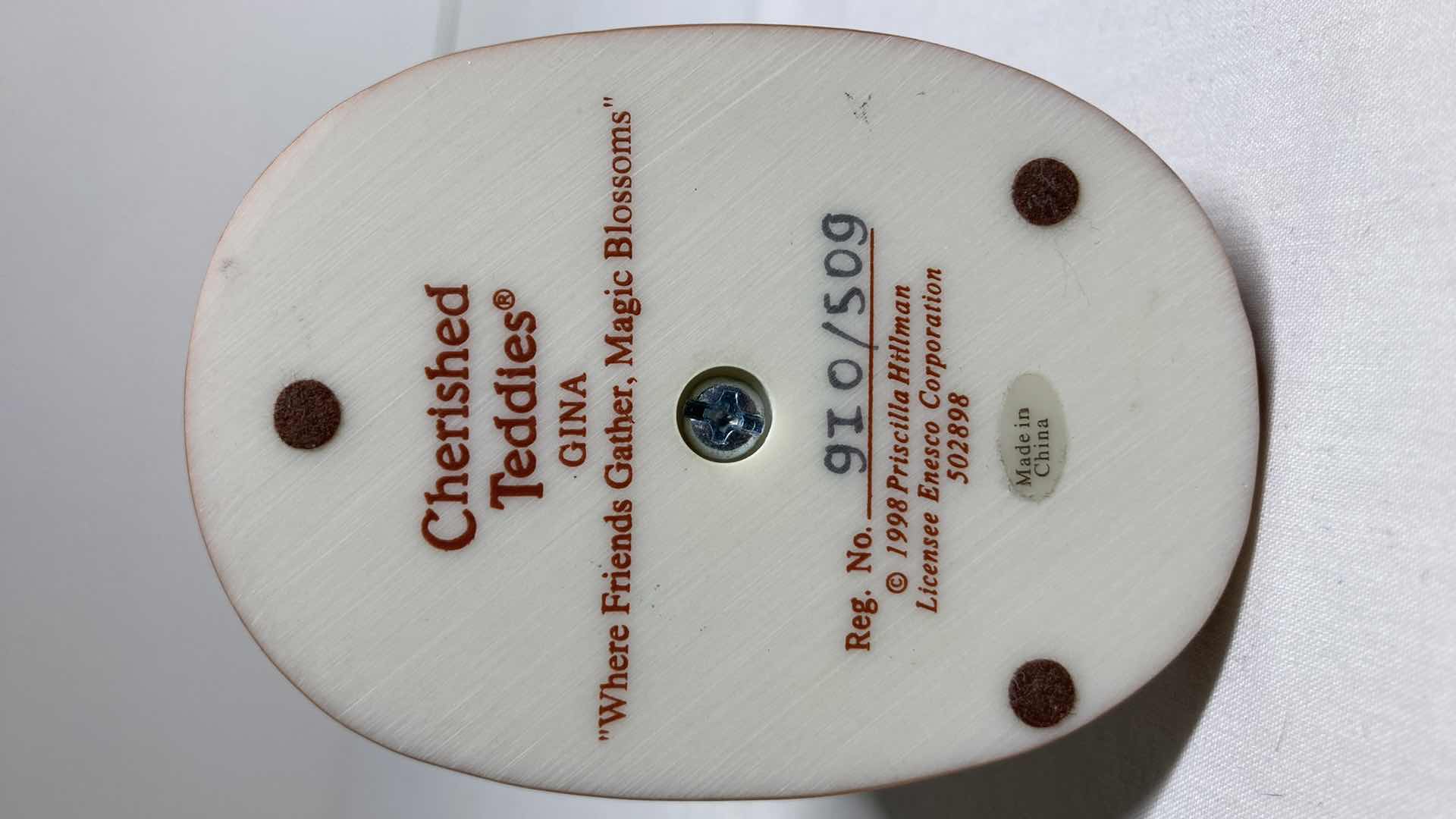 Photo 1 of CHERISHED TEDDIES GINA FIGURINE REG. NO. 910/509 PRISCILLA HILLMAN 1998 50298