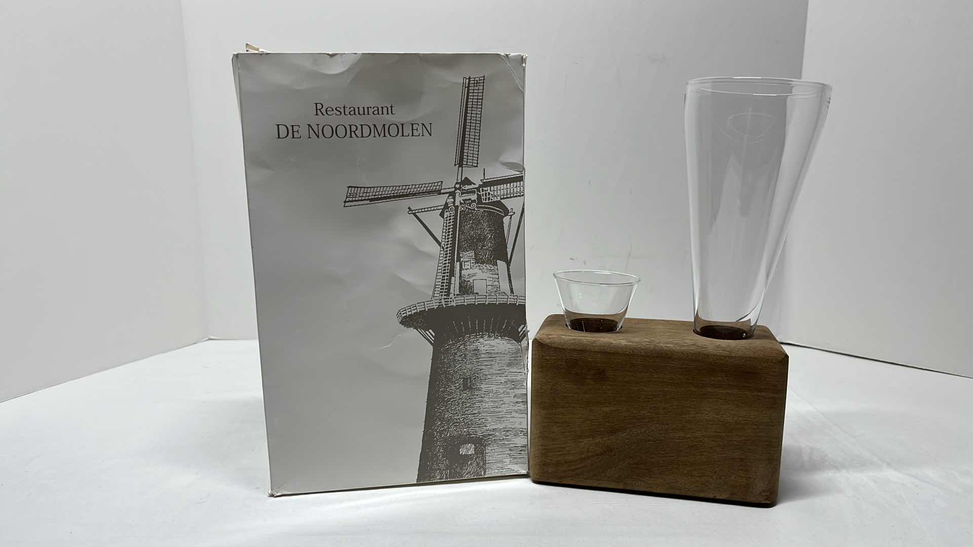 Photo 1 of BEER AND SHOT GLASSES W WOOD HOLDER (RESTAURANT DE NOORDMOLEN)