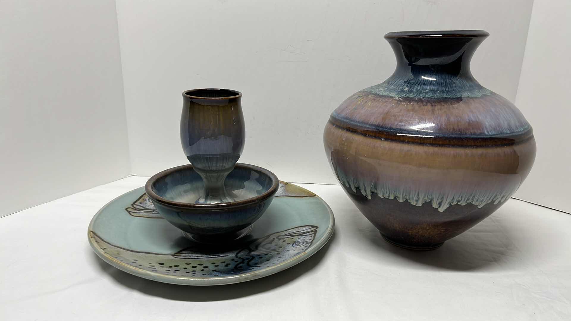 Photo 1 of GLAZED MULTI-COLOR CERAMIC 10” VASE, 11.5” PLATE, 6” BOWL & 6” CUP